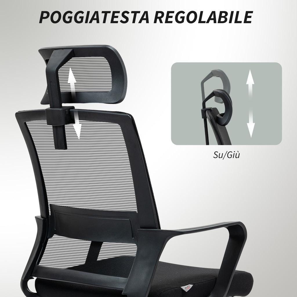 Ergonomic Office Chair with Adjustable Headrest and Height, Rocking Function and Wheels, Black
