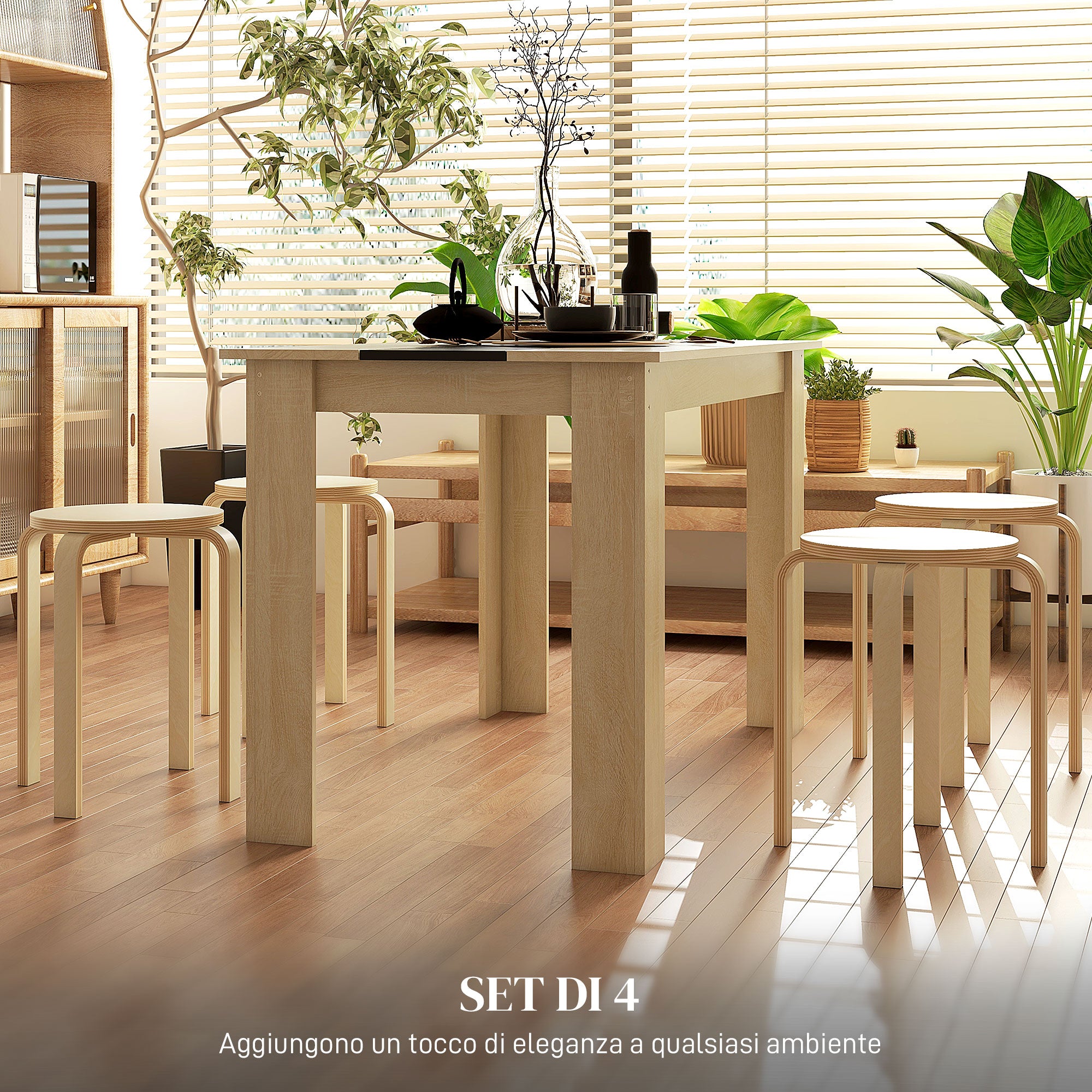 Set of 4 Round Modern Stackable Kitchen and Bar Stools in Wood, Ø40x54cm, Wood Color