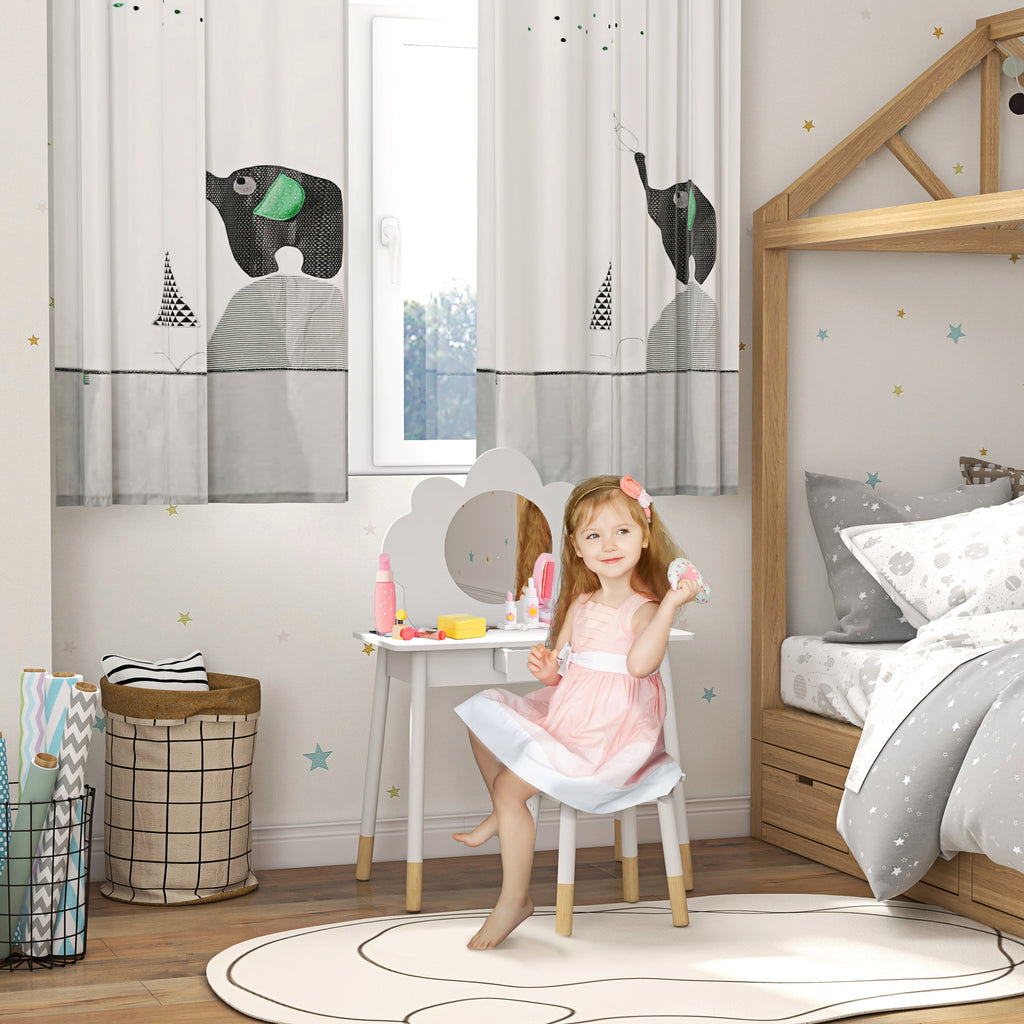 Girls Makeup Set 3-6 Years Old with Stool and Dressing Table with Mirror and Drawer in White Wood