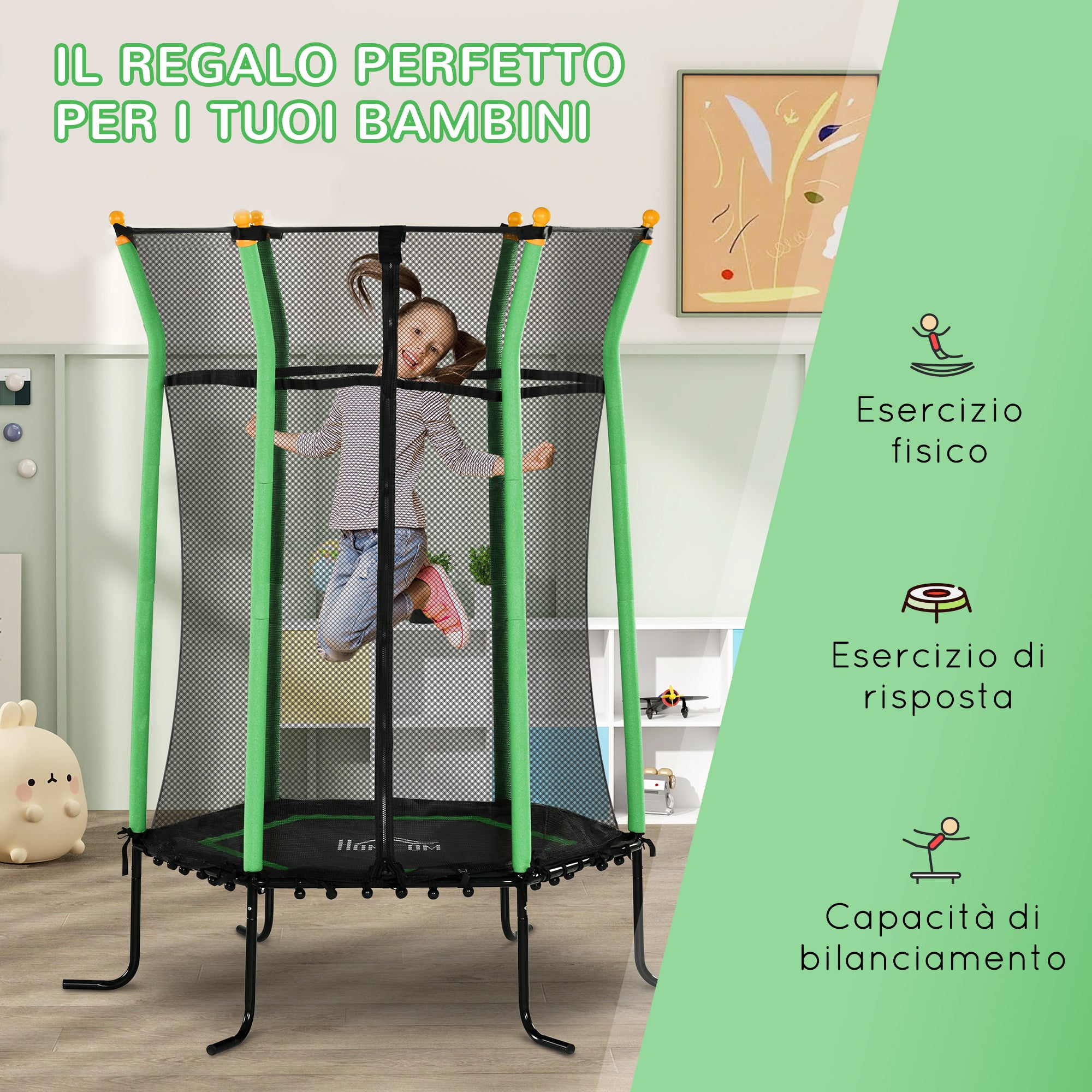 Trampoline for Children 3-10 Years with Zip Entrance and Padded Poles, Ø163.5x190 cm, Green