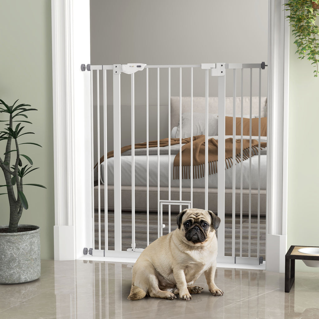 PawHut Adjustable Dog Gate with Small Door and Automatic Closure, 74-101x104cm, White