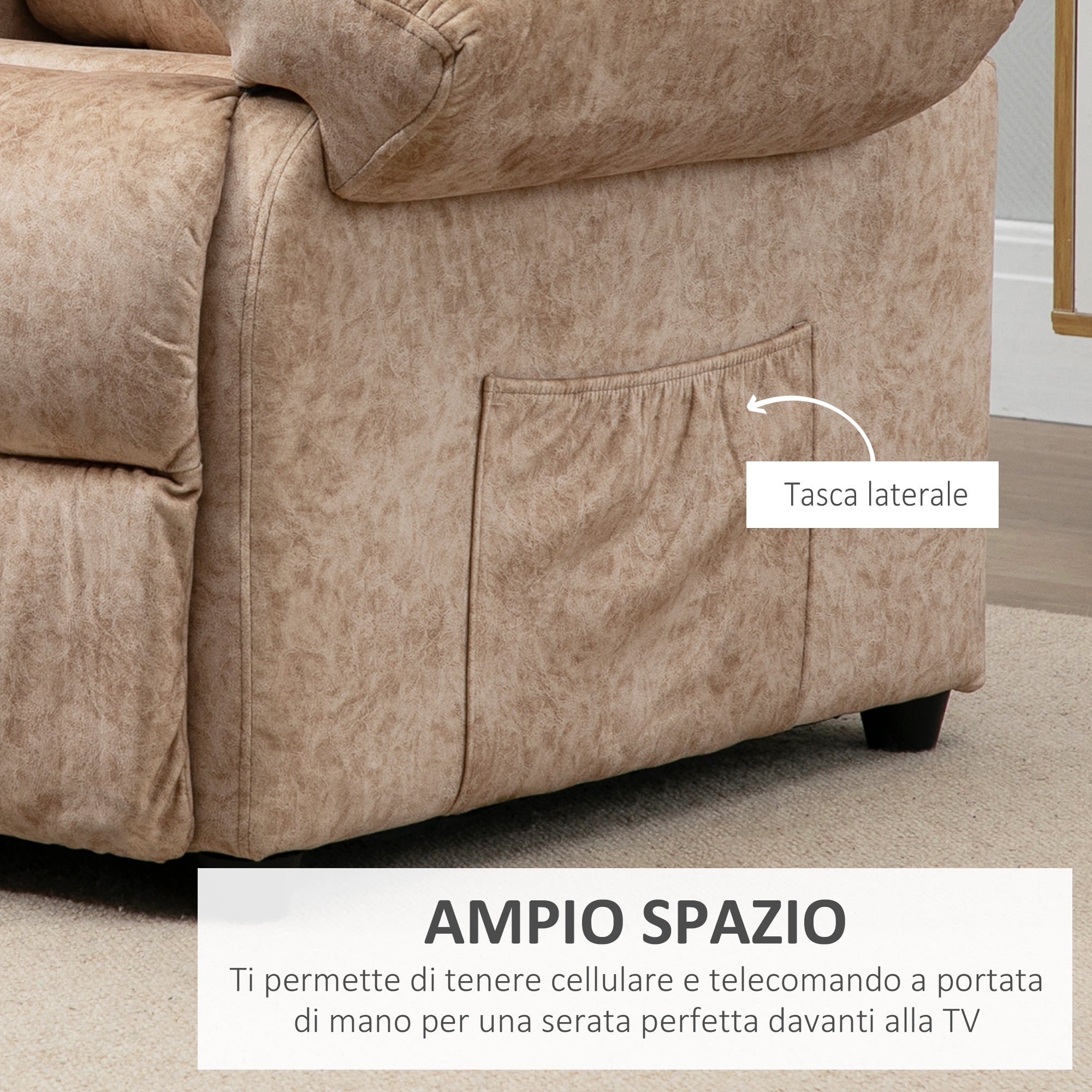 Manual Reclining Fabric Relax Chair with Removable Footrest and Side Pocket, Beige