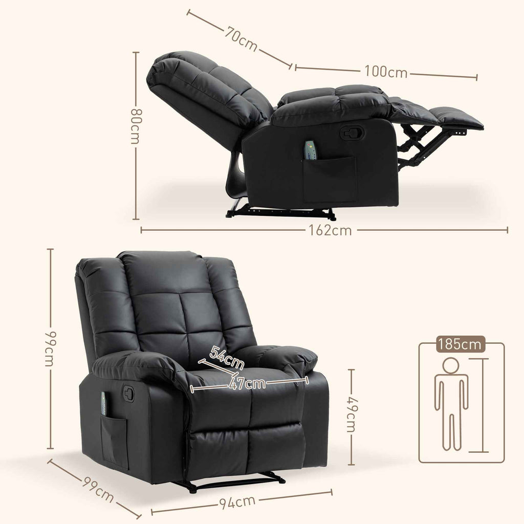 HOMCOM Relaxing Chair with 8 Massage Points and 165° Reclining in Faux Leather, Black