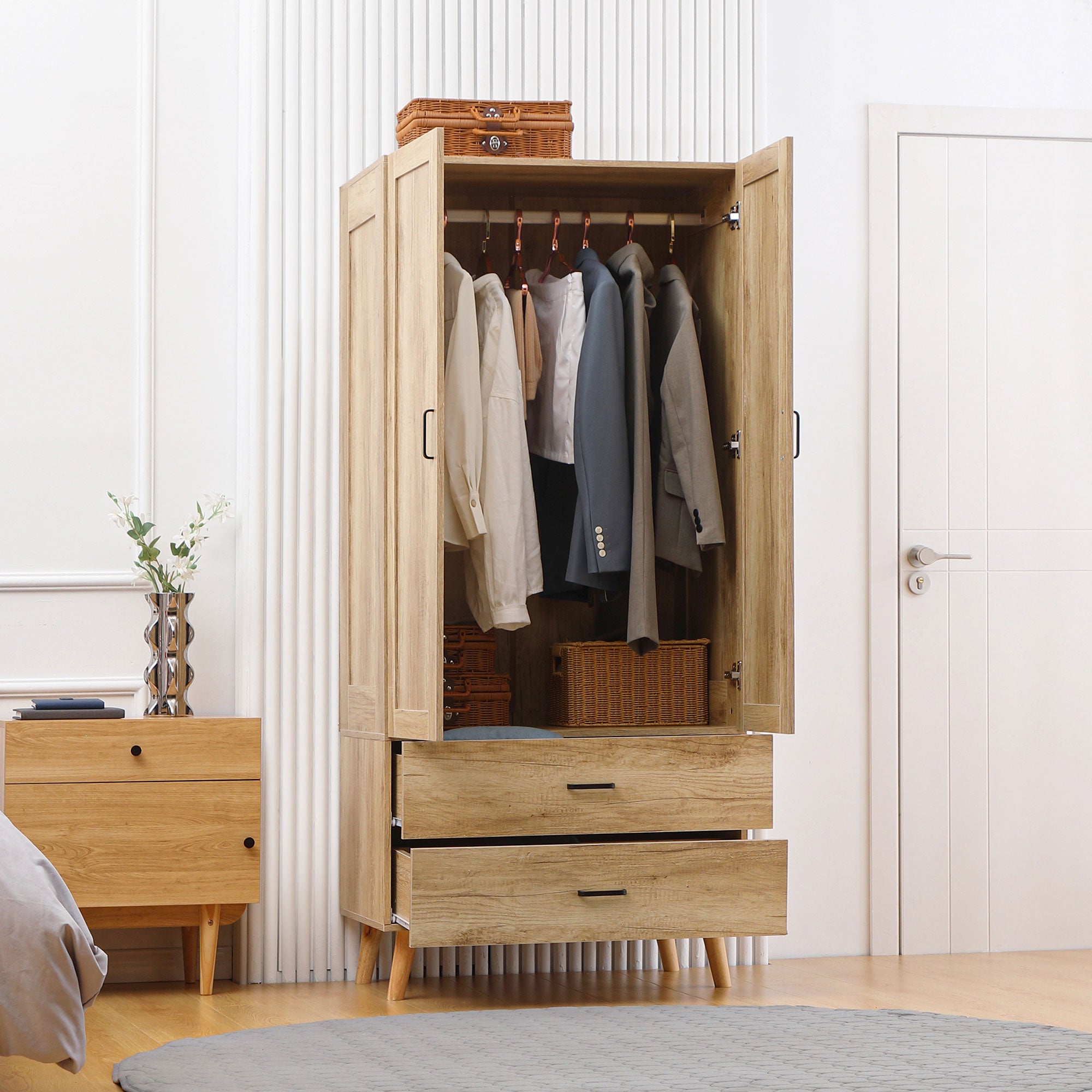 2-Door Wardrobe with 2 Drawers and Hanging Rail, 80x54x180 cm, Wood