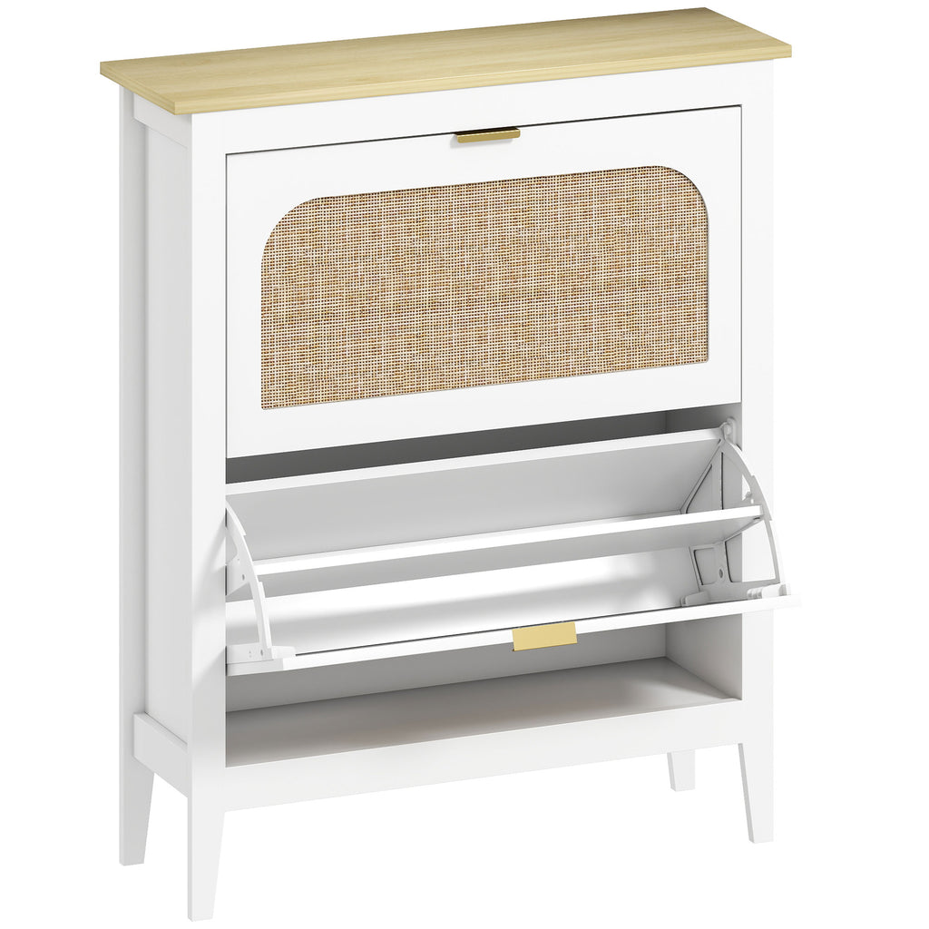 Slim Boho Style Shoe Rack with 2 Folding Drawers for 14 Pairs of Shoes, 80x24x95.5 cm, White