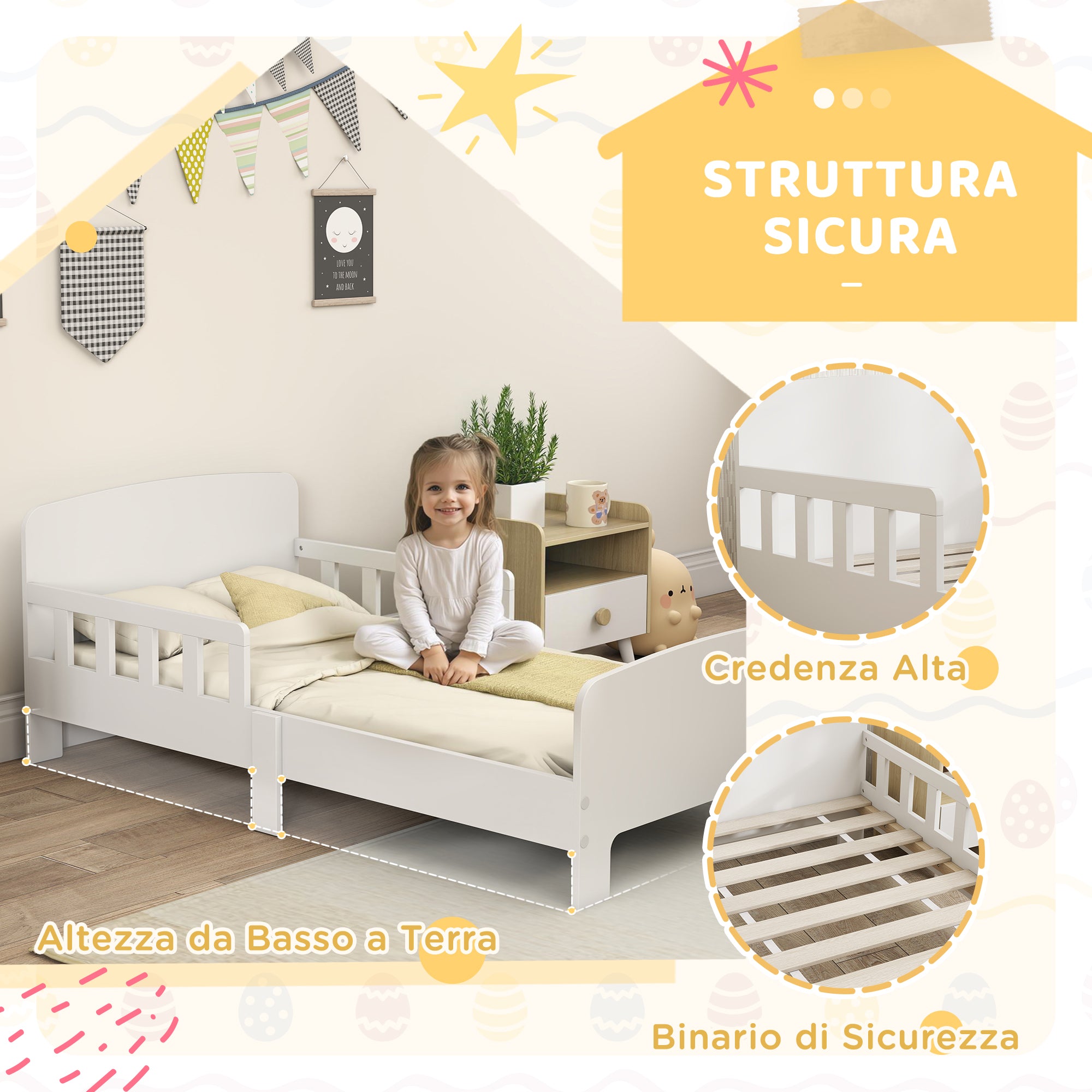 Children's Bed for 3-8 Years Low with Side Rails and Smooth Edges, Made of Wood, 143.5x74.2x54 cm, White