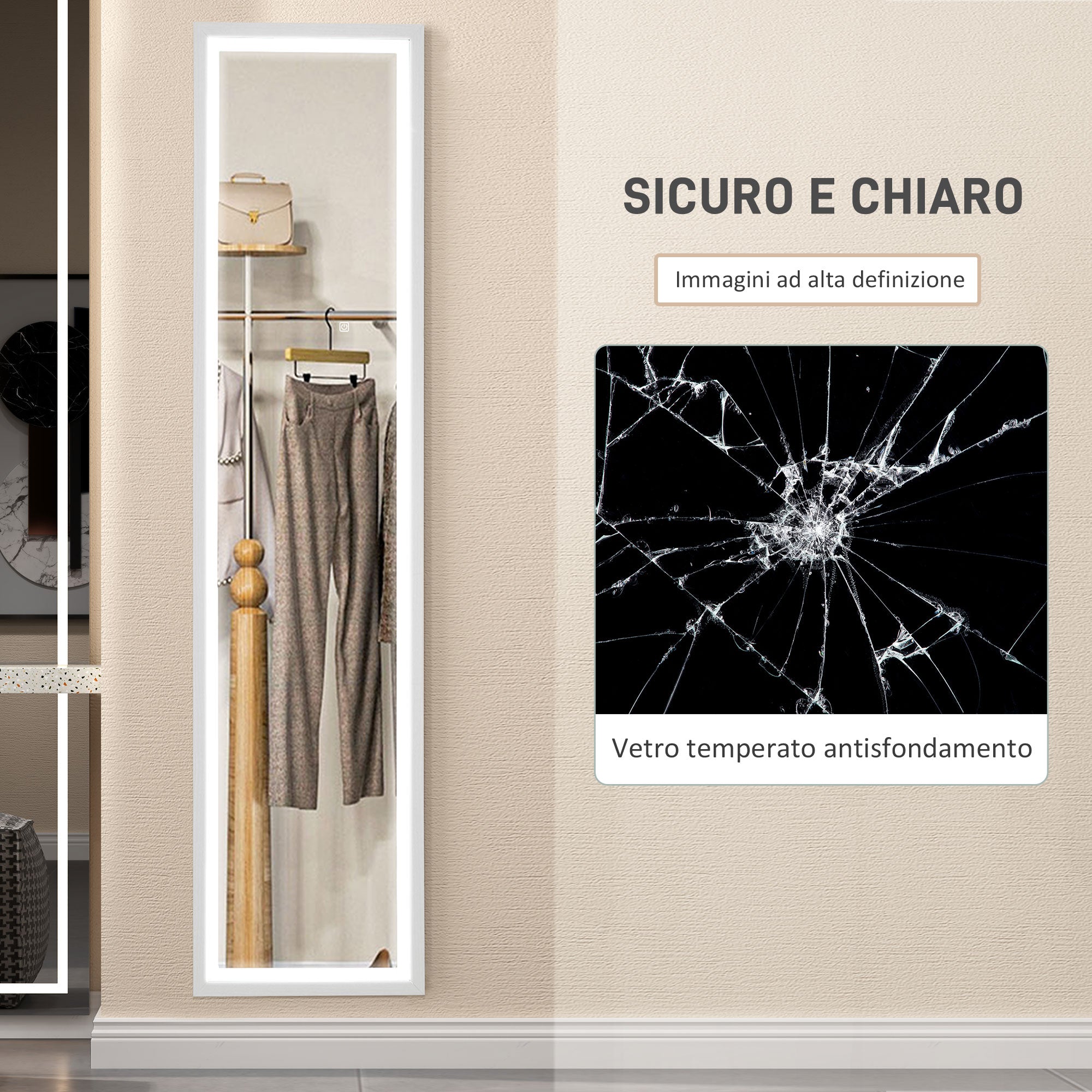 Illuminated Mirror with Adjustable LED Lights and Touch Button, Glass and MDF, 40x5x160 cm, White