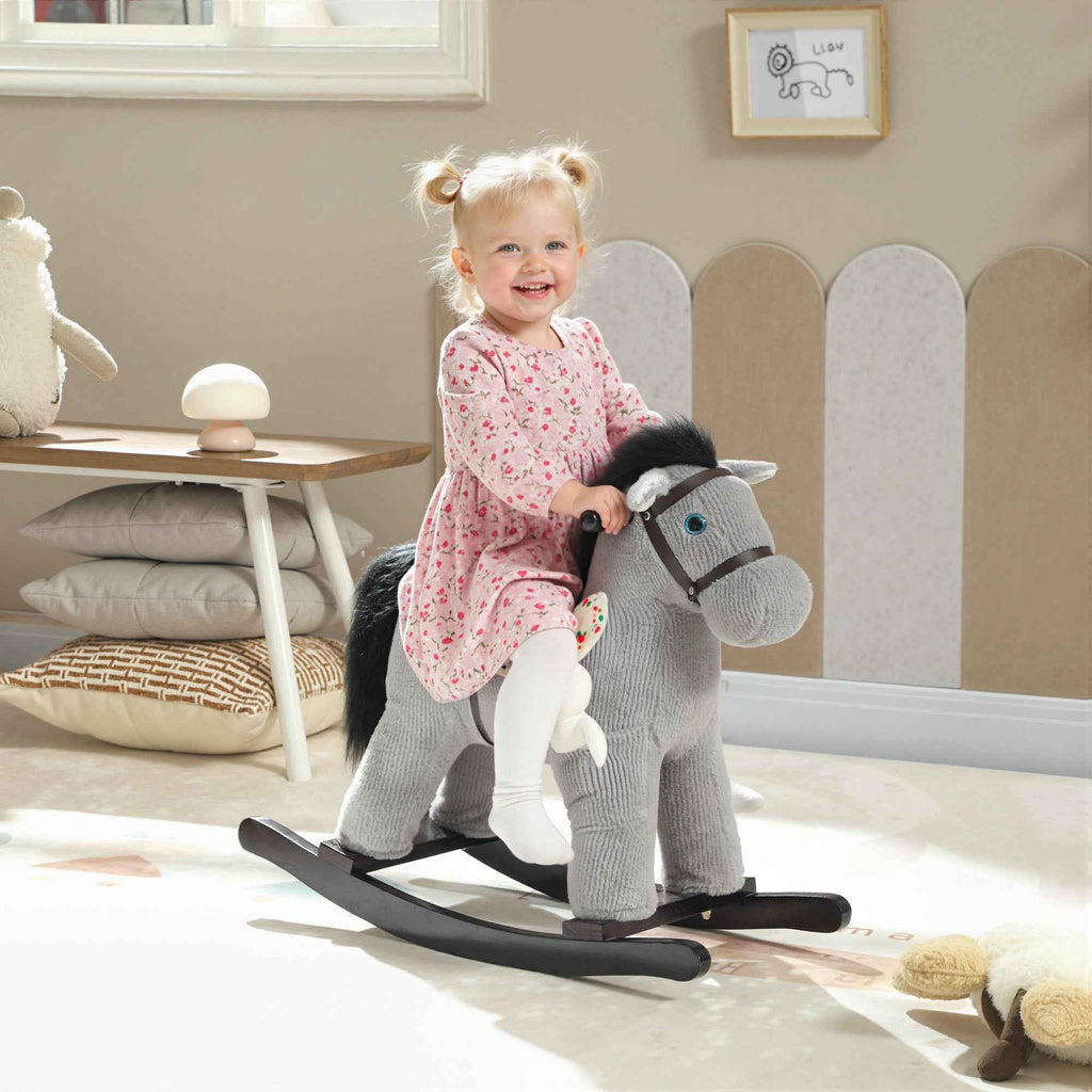 AIYAPLAY Rocking Horse with Sounds for Children 2-5 Years and Plush Animal Included, Wood and Steel, Grey