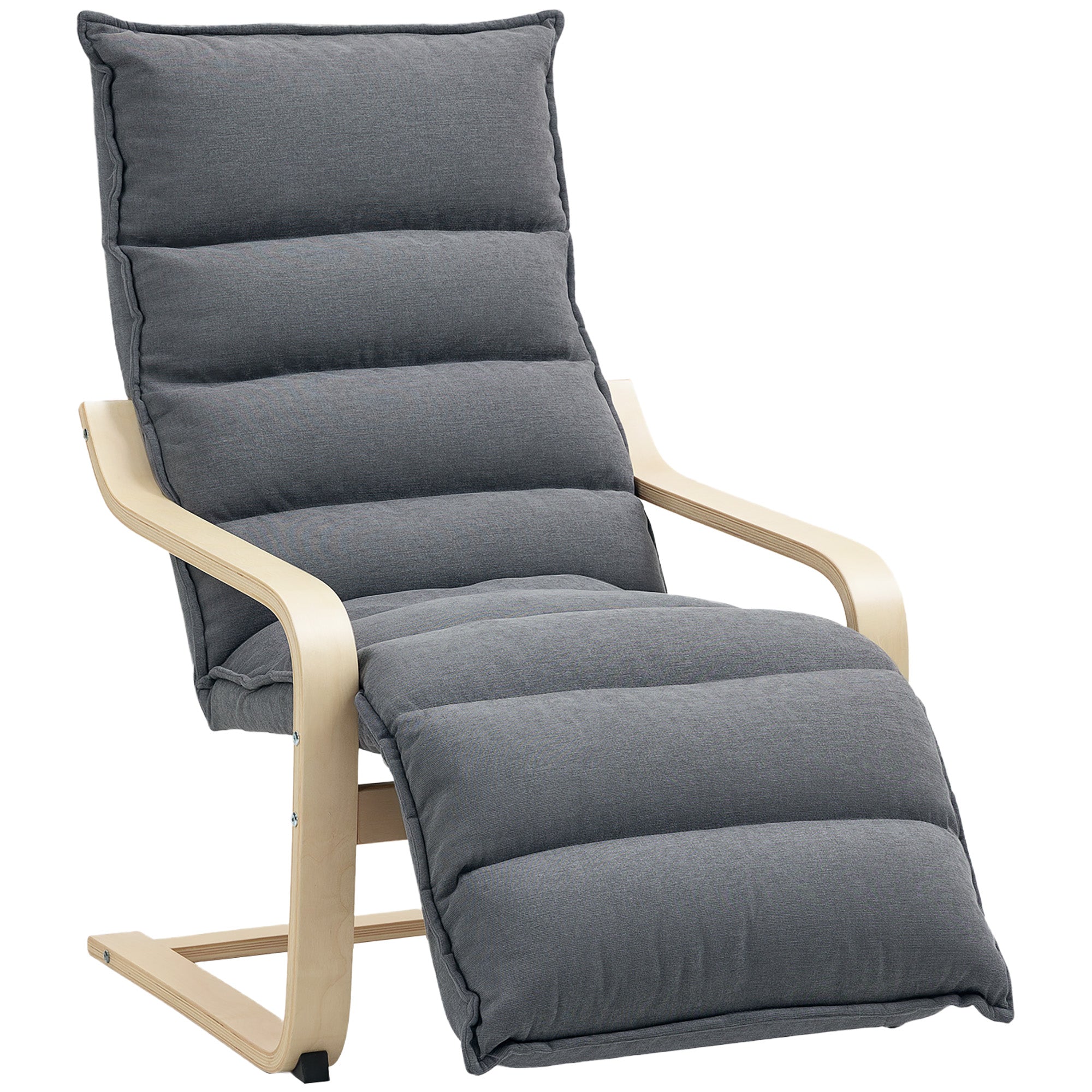 Wooden Relax Chair with Velvet Upholstery and Adjustable Footrest, Dark Grey