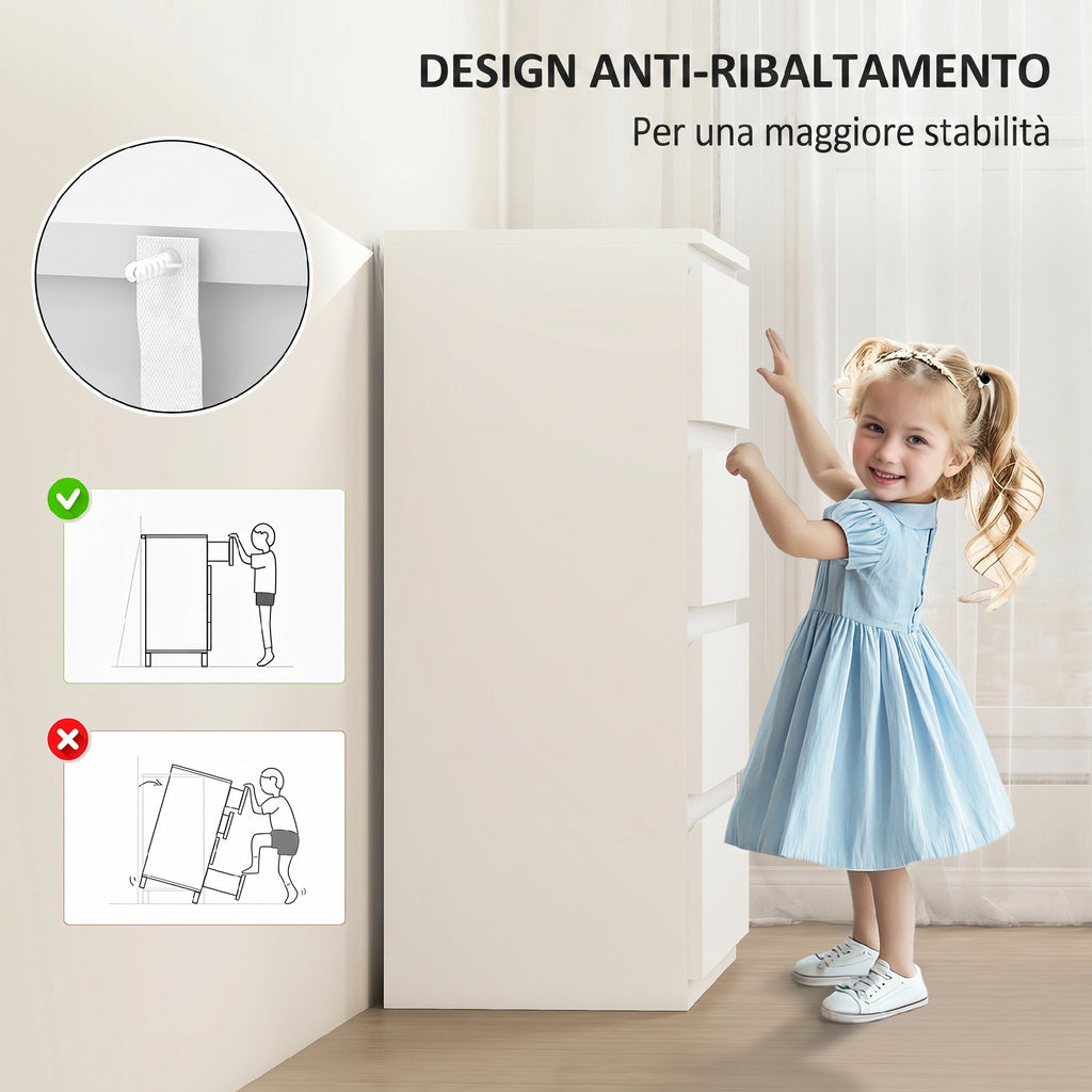 HOMCOM Modern 4-Drawer Chest of Drawers Without Handles for Bedroom and Living Room, 80x39x95 cm, White