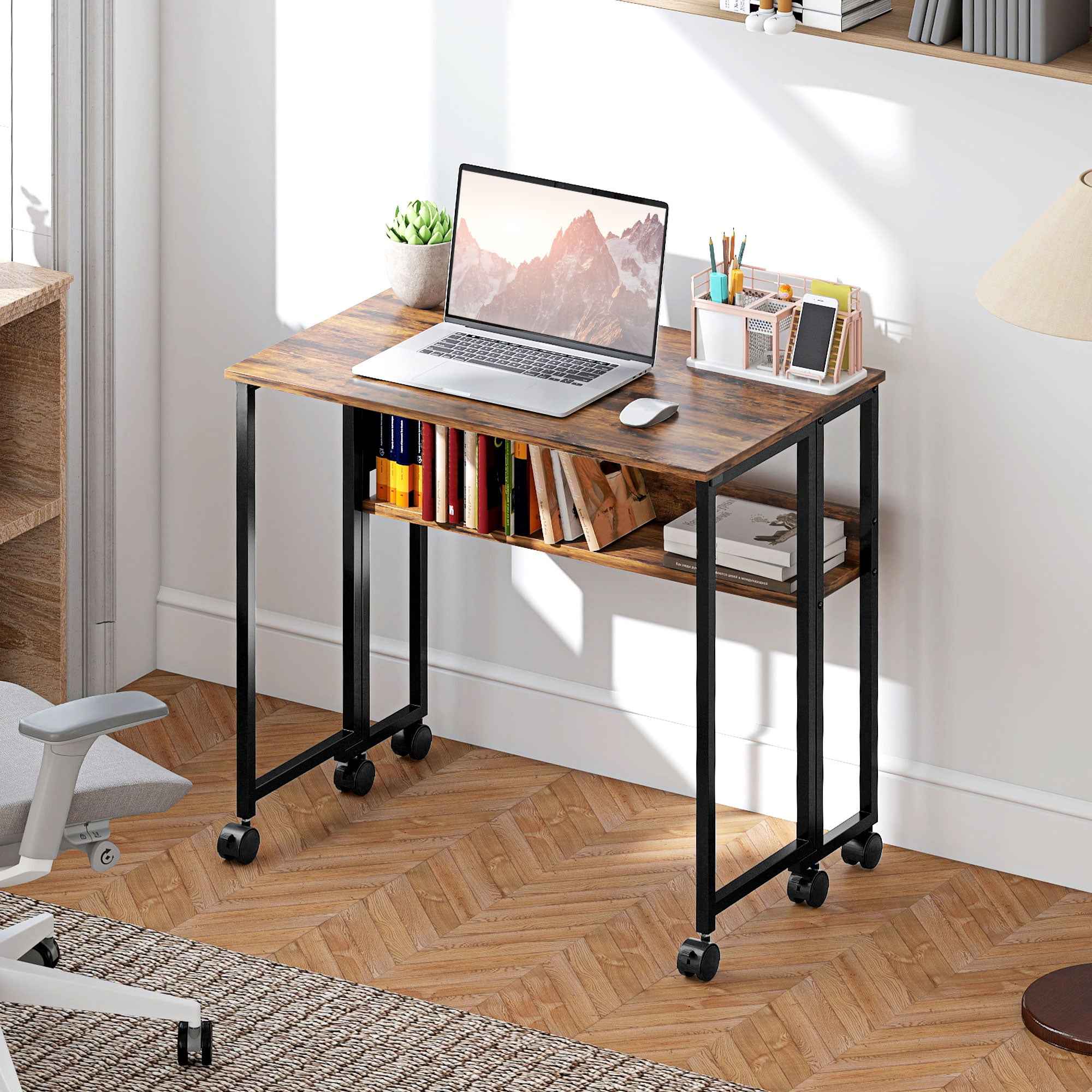 HOMCOM Folding Desk on Wheels 80 x 50 cm with Shelf and Storage Bag, Rustic Brown