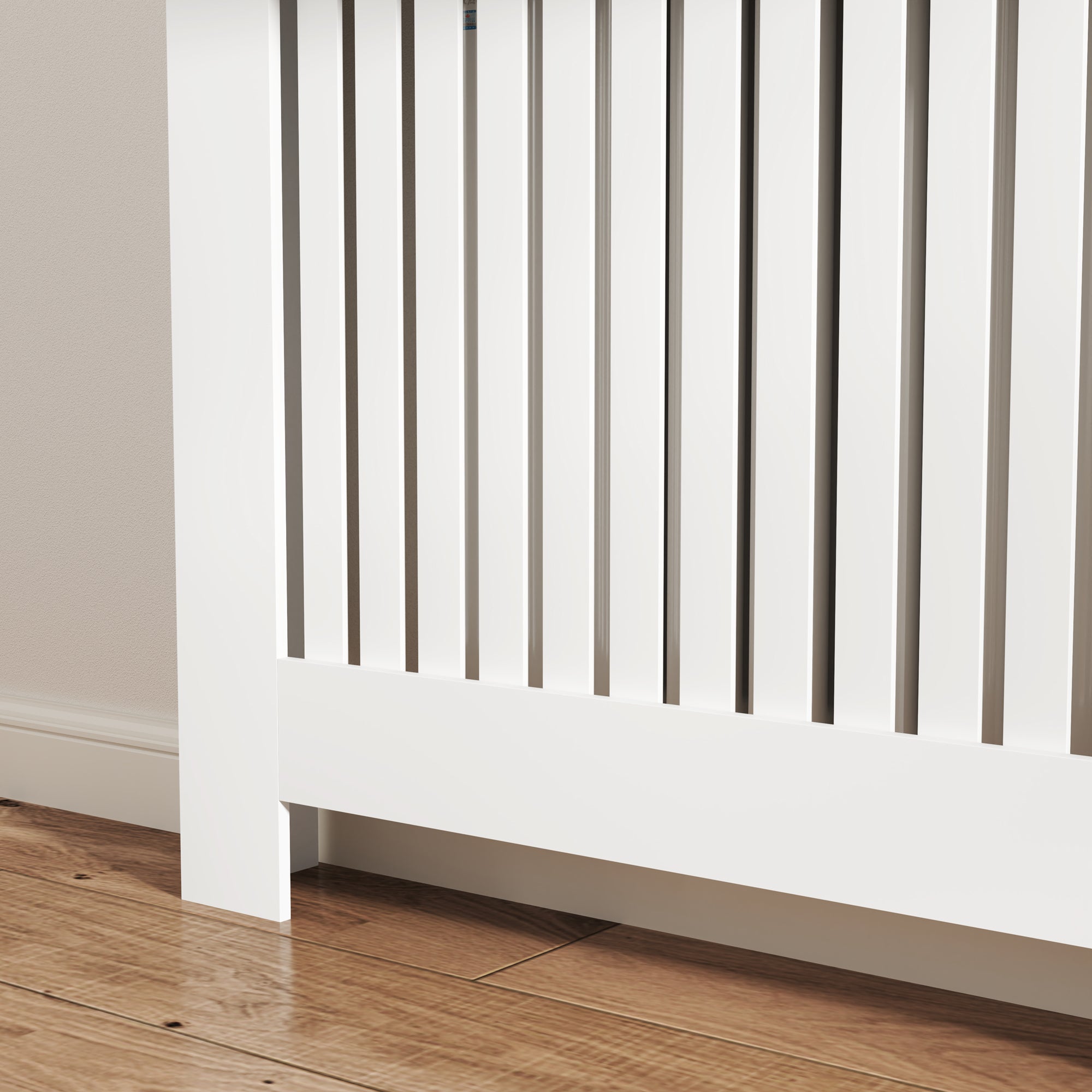 Anti-tipping slatted radiator cover with storage drawer, in wood, 112x19x97 cm, White