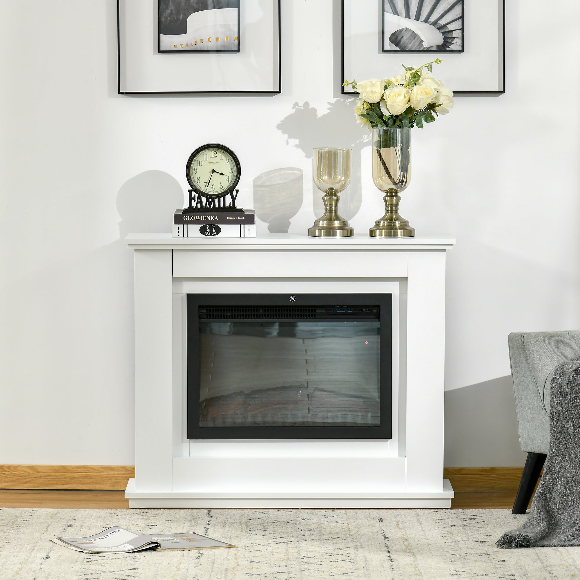 Electric Fireplace Realistic Flame Effect with White Wooden Frame, Timer and Remote Control, 1000W and 2000W, 98x27. 5x80cm