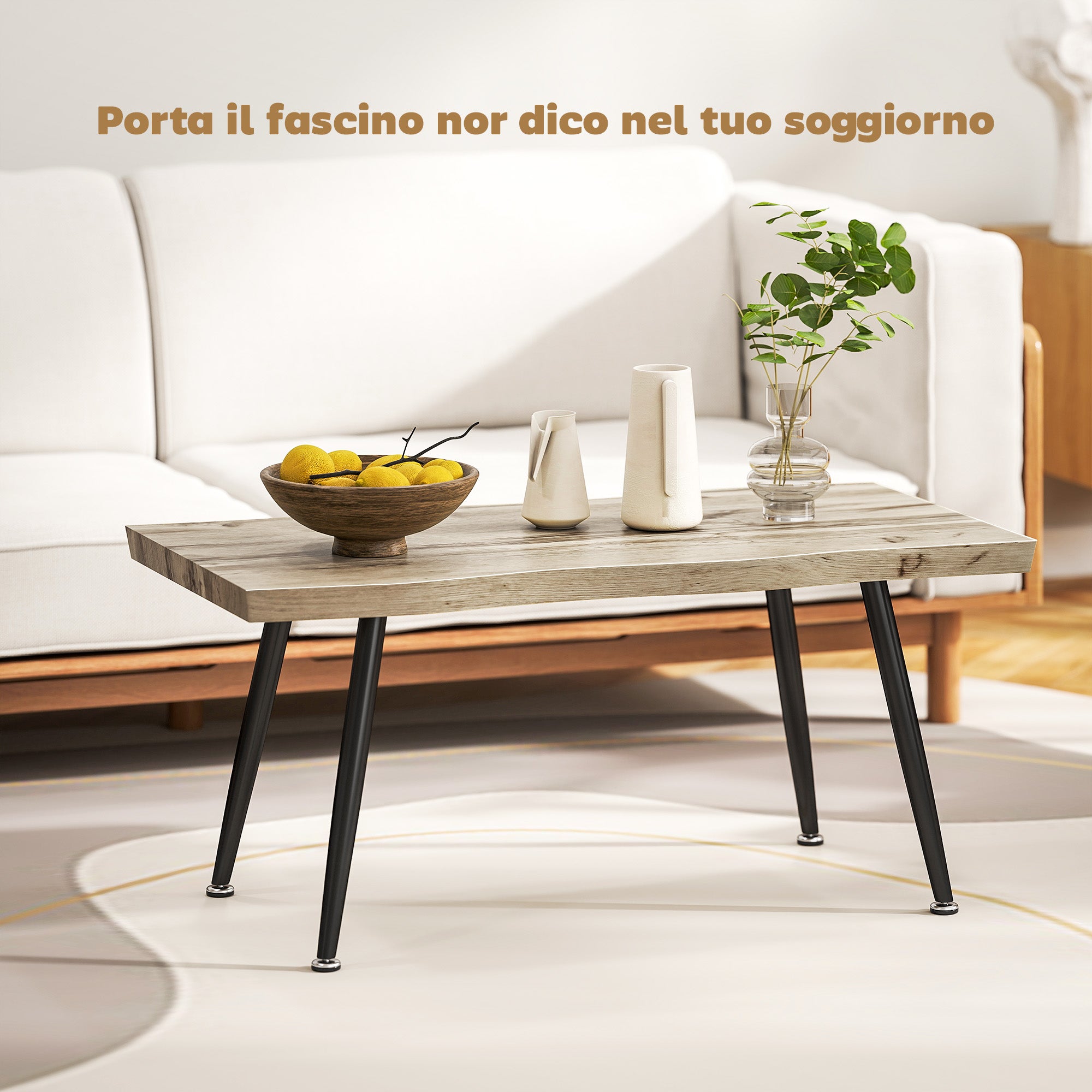 HOMCOM Nordic Style Coffee Table with Adjustable Feet, Wood and Steel, 100x50x45 cm, Black and Oak