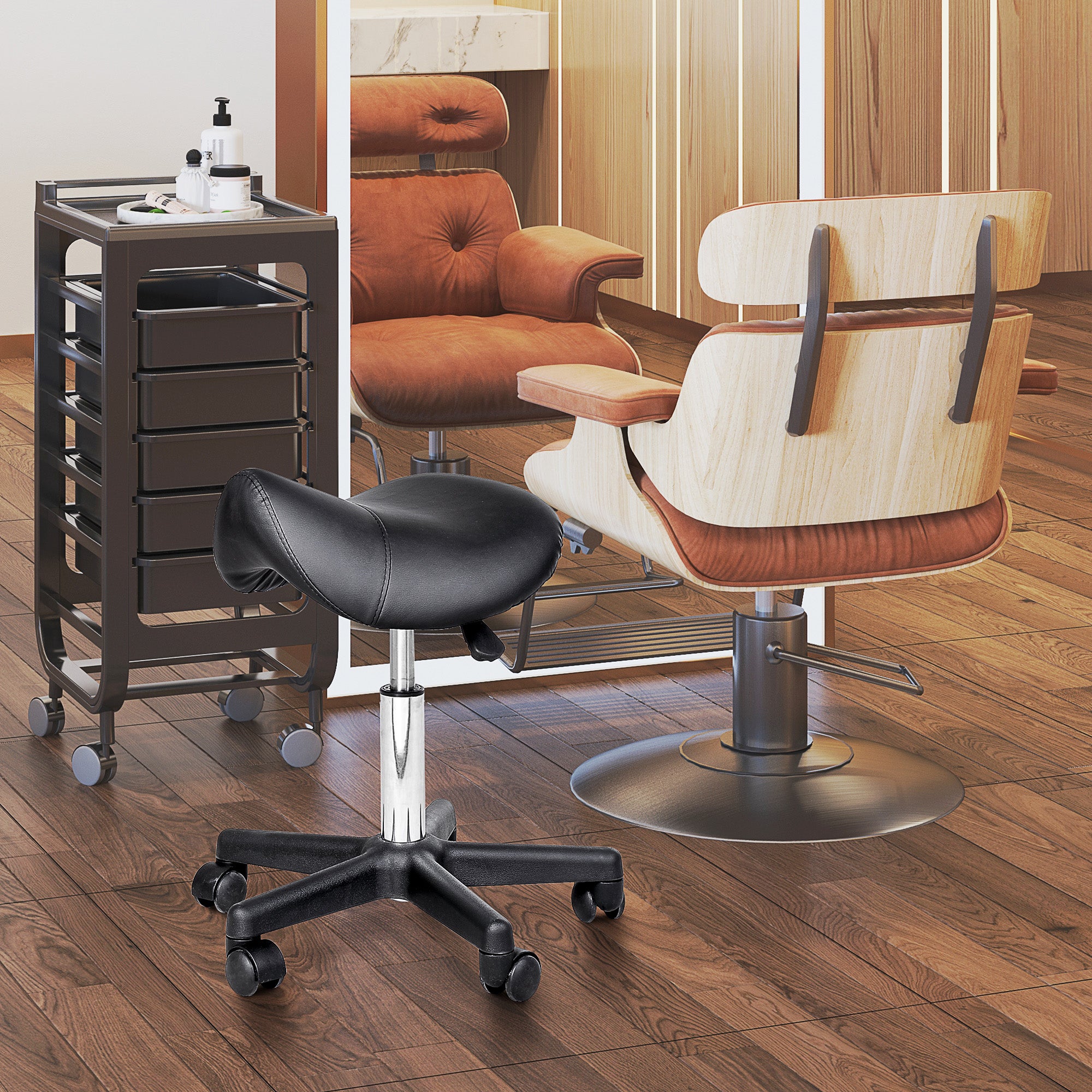 HOMCOM Swivel Saddle Stool with Wheels and Adjustable Height, Padded and Covered in Faux Leather, Black - Borgè
