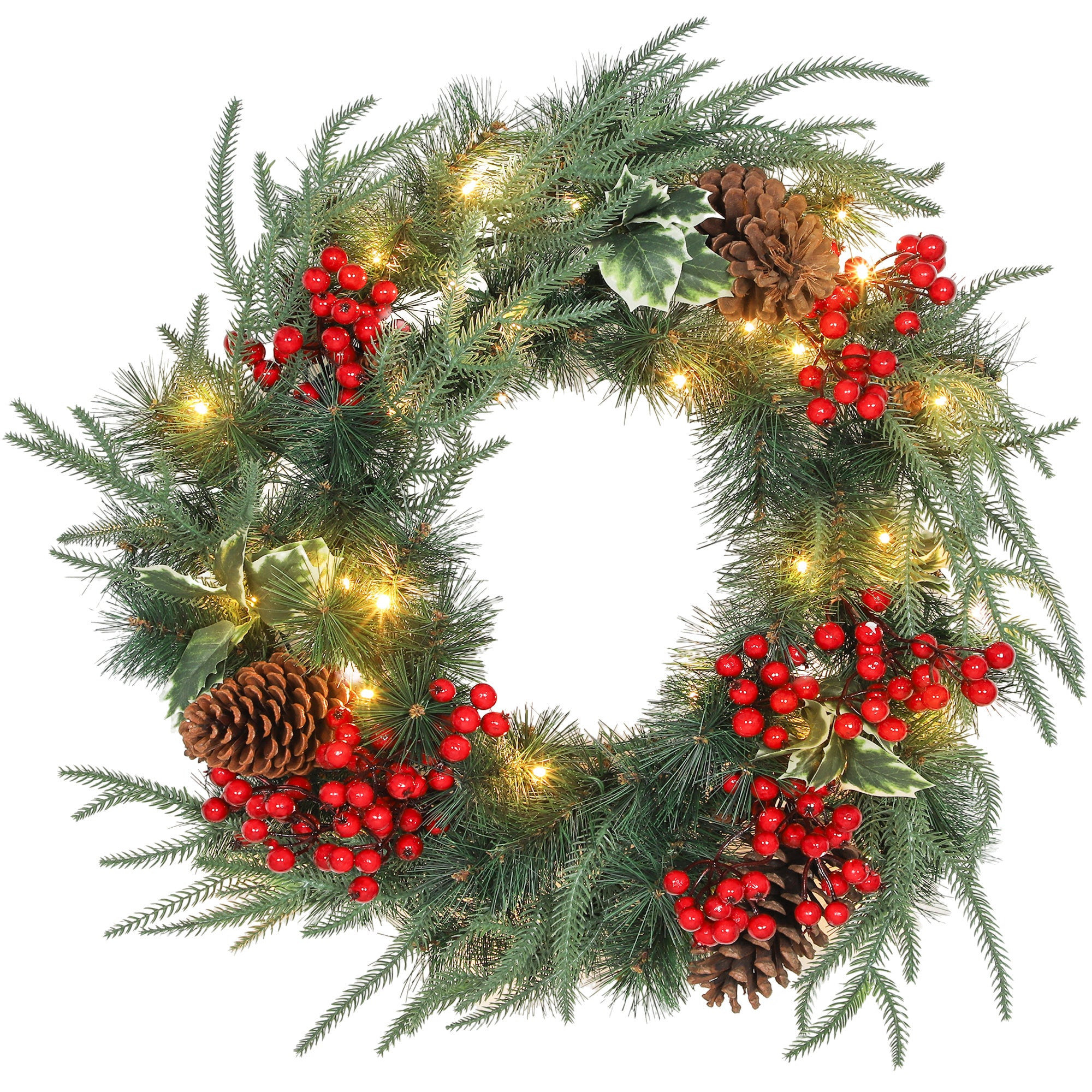 60cm Christmas Wreath with White LED Lights, Timer, Pine Cones, Berries and Holly, Green
