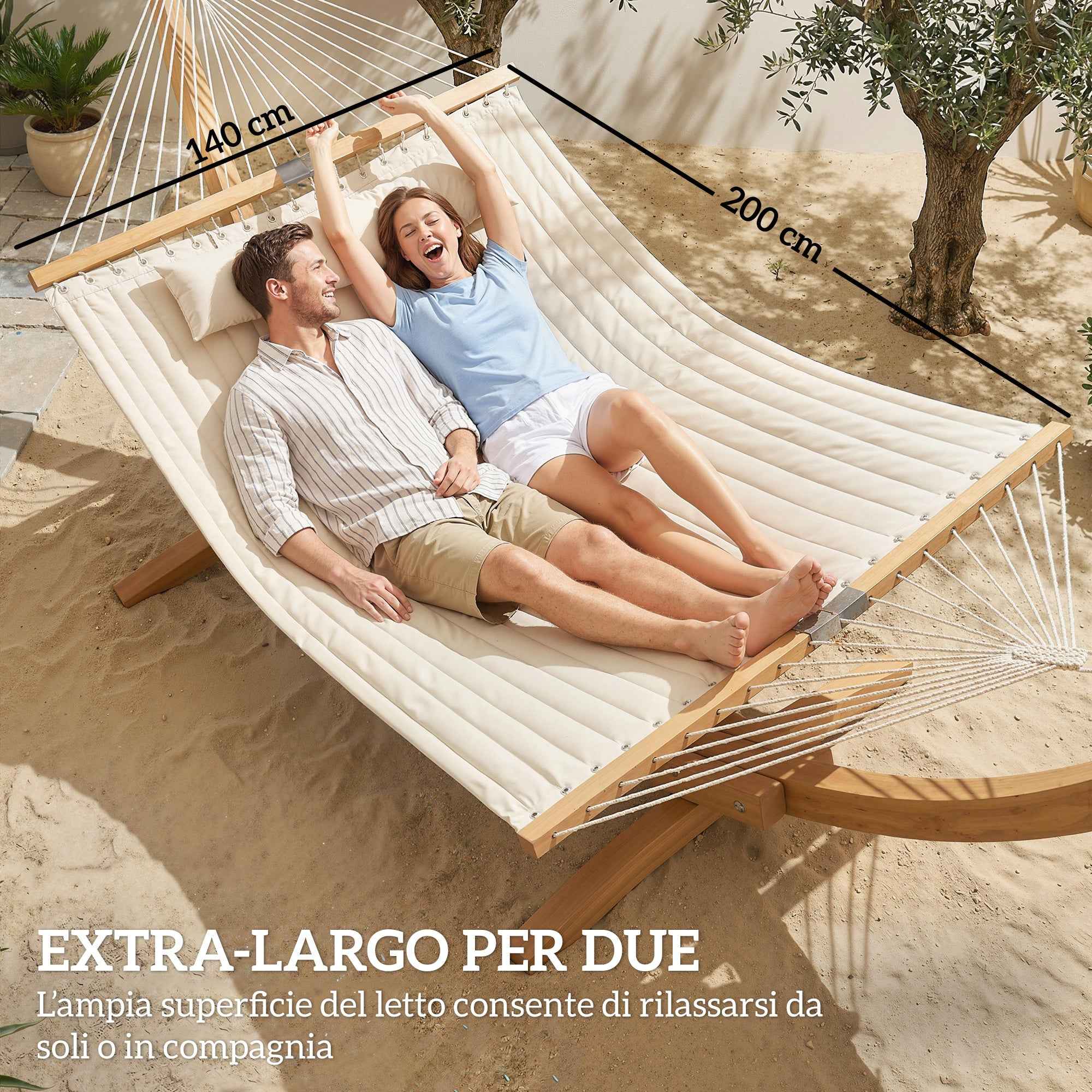 Garden Hammock with Cushion and Pocket, Polyester with Wooden Bars, 325x140x2.5 cm, Cream White