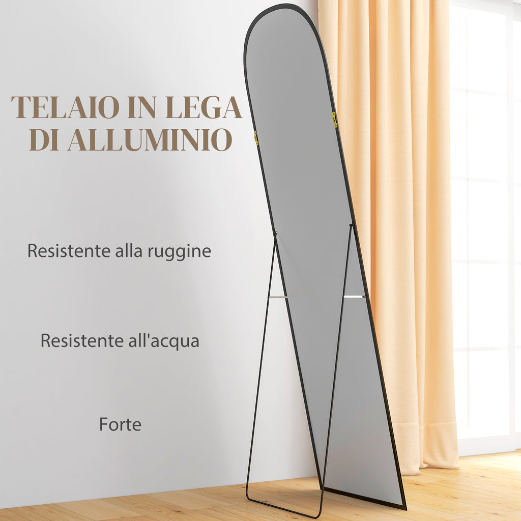Modern Aluminum Alloy Floor and Wall Mirror with Folding Stand, 50x170 cm, Black