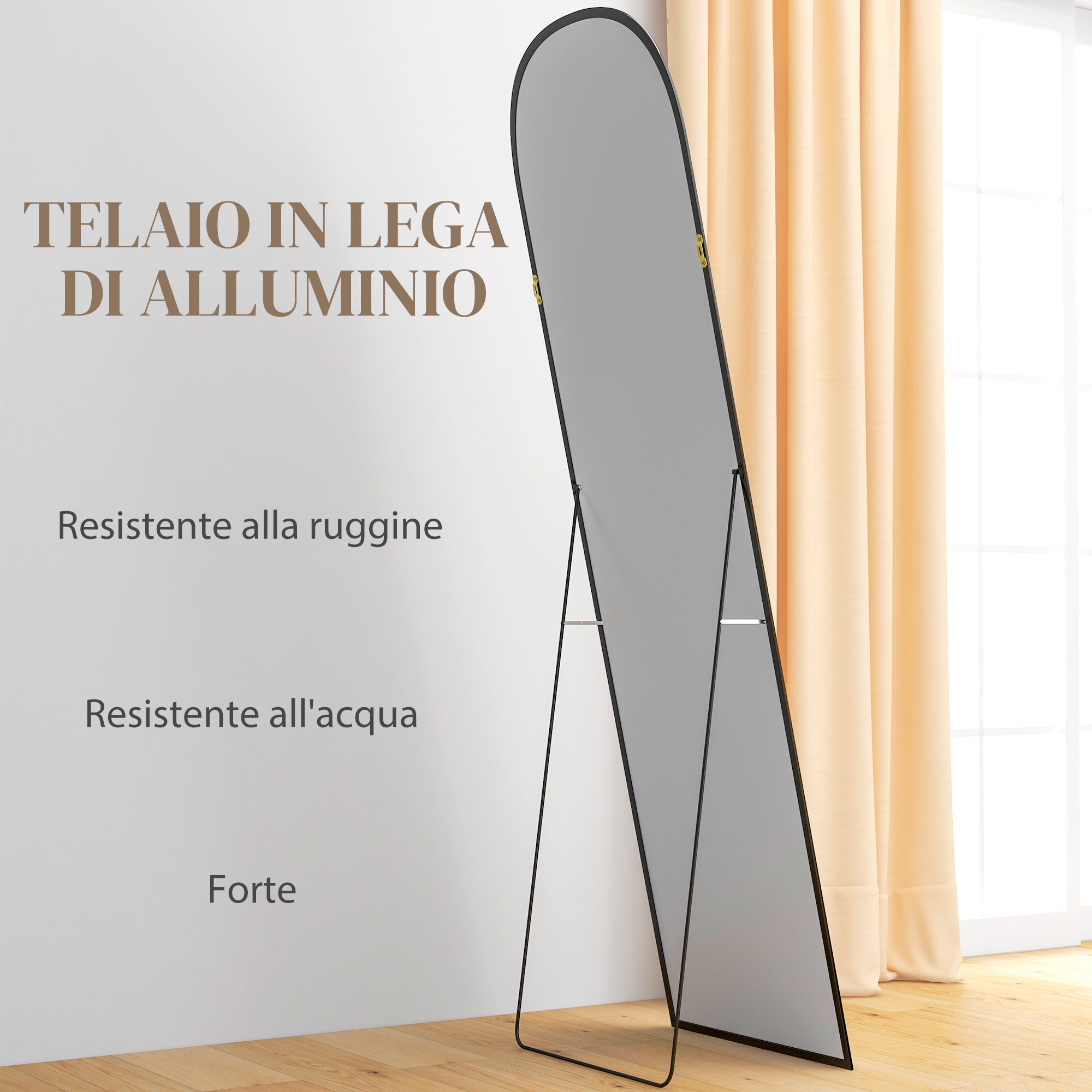 Modern Aluminum Alloy Floor and Wall Mirror with Folding Stand, 50x170 cm, Black