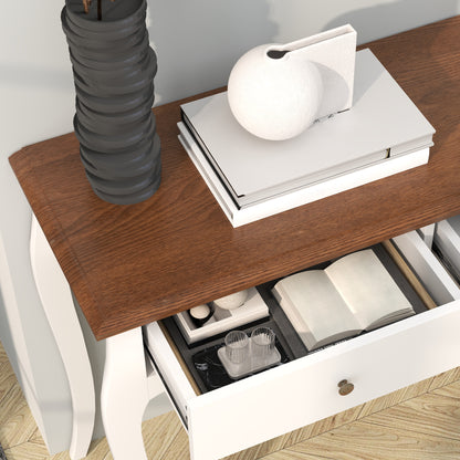 Modern Console Table with 2 Drawers in Wood, 100x35x76.5 cm, White and Dark Brown