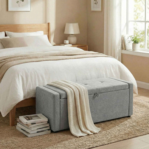 HOMCOM 142L Storage Bench, Wide Padded Seat, Linen, 200 kg Capacity, Light Grey