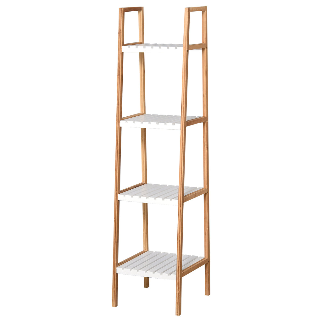 Ladder Bathroom Shelf with 4 Shelves in Pine and Bamboo, 35x36x138.5 cm, White and Wood