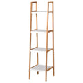 Ladder Bathroom Shelf with 4 Shelves in Pine and Bamboo, 35x36x138.5 cm, White and Wood