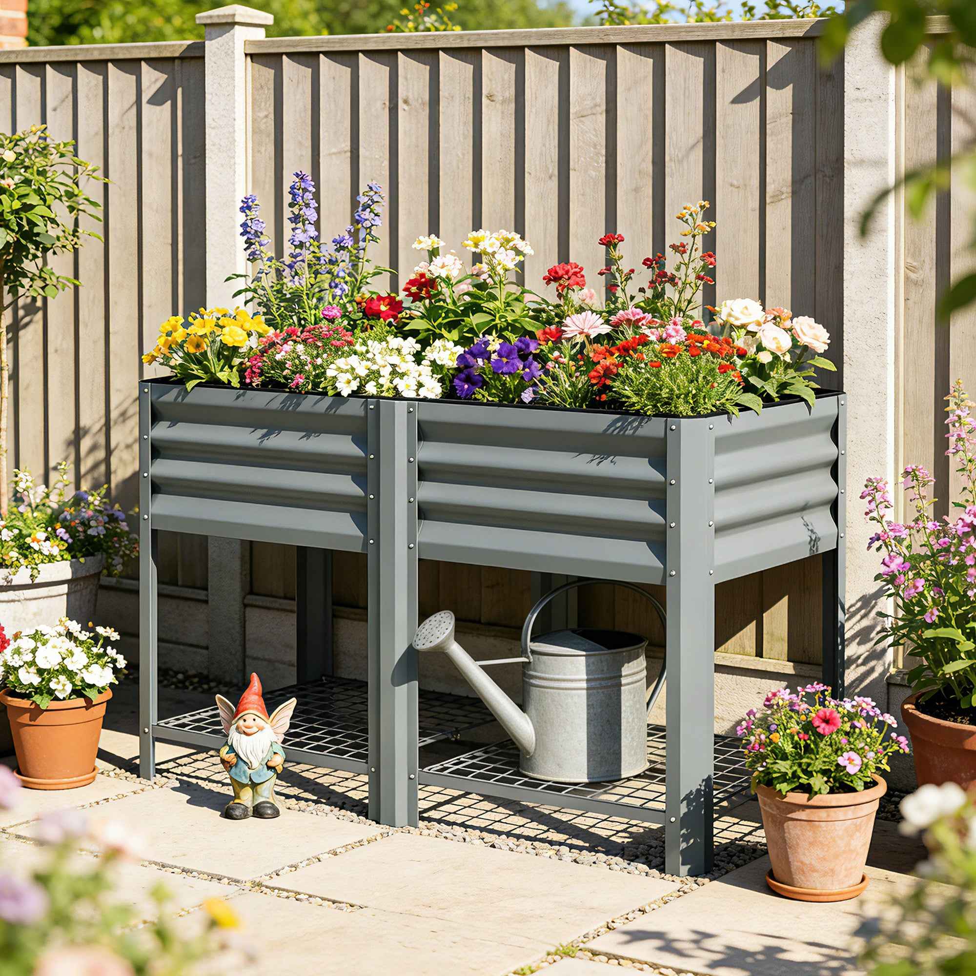 Outsunny Raised Planter with Storage Shelf, 150L, Galvanized Steel, Height 80 cm, for Garden or Outdoor Patio