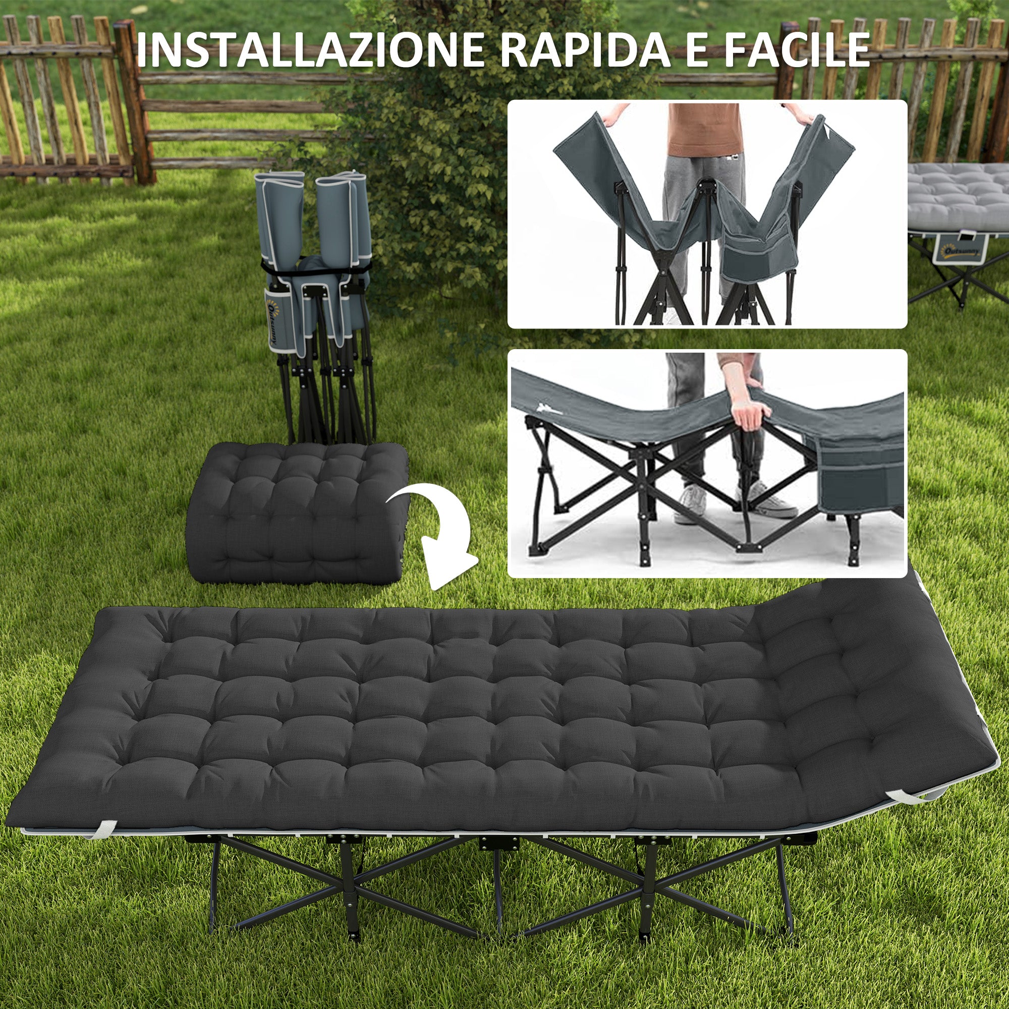 Folding Camping Cot with Inclined Headrest and Removable Mattress, 196x68x37 cm, Black