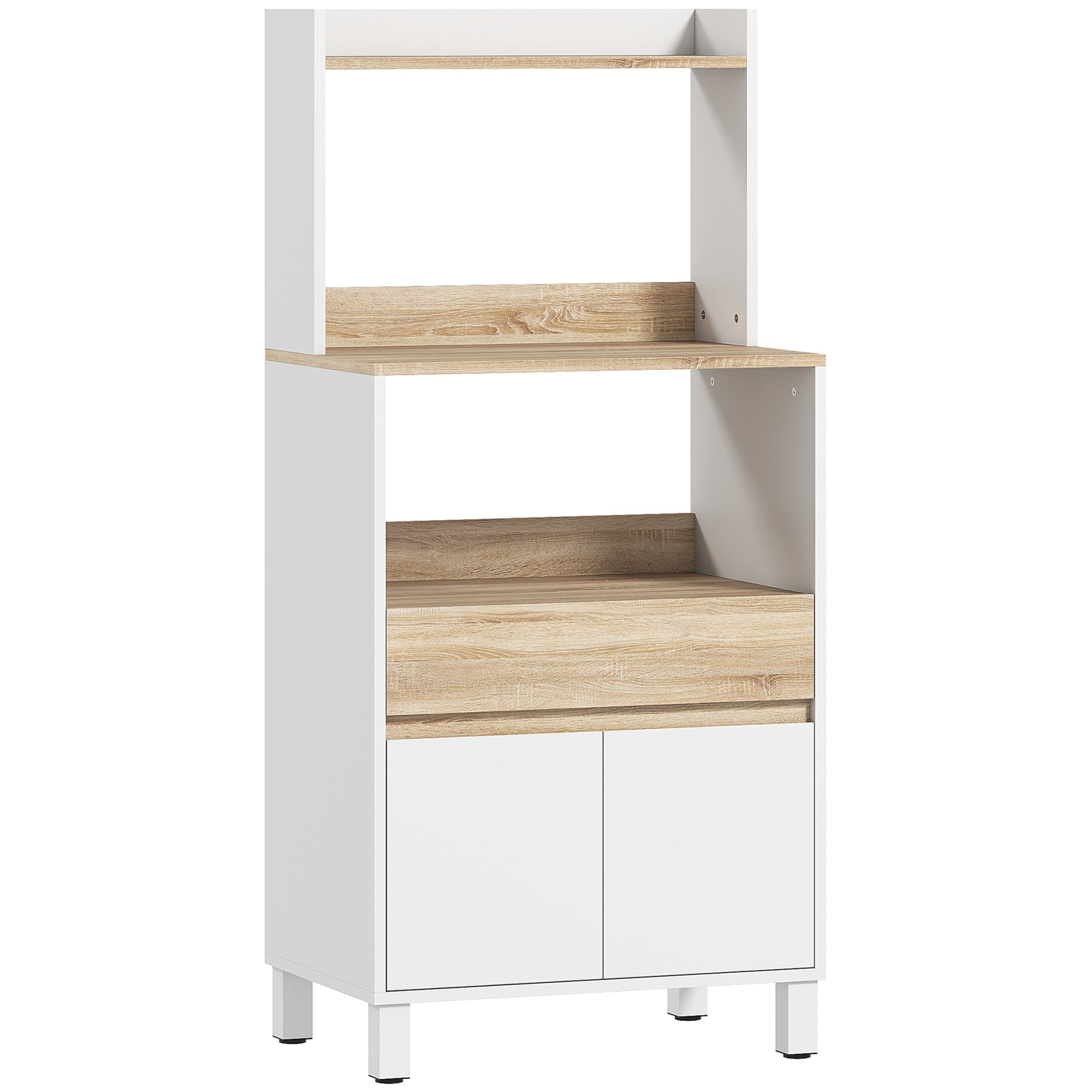 Wooden Microwave Cabinet with Shelf, Open Shelf, Drawer and Cabinet, 60x40x131 cm, White