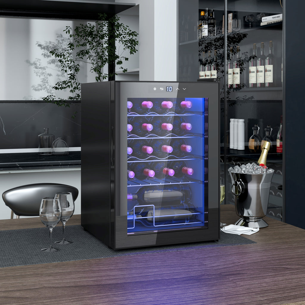 20 Bottle Wine Cooler, 53L Capacity, Anti-UV Glass Door and Adjustable Shelves, Black