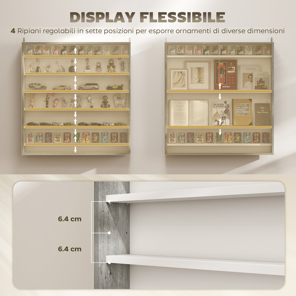 HOMCOM 5-Tier Adjustable Wooden Notice Board with Glass Doors, 80 x 9.5 x 83 cm, White and Grey