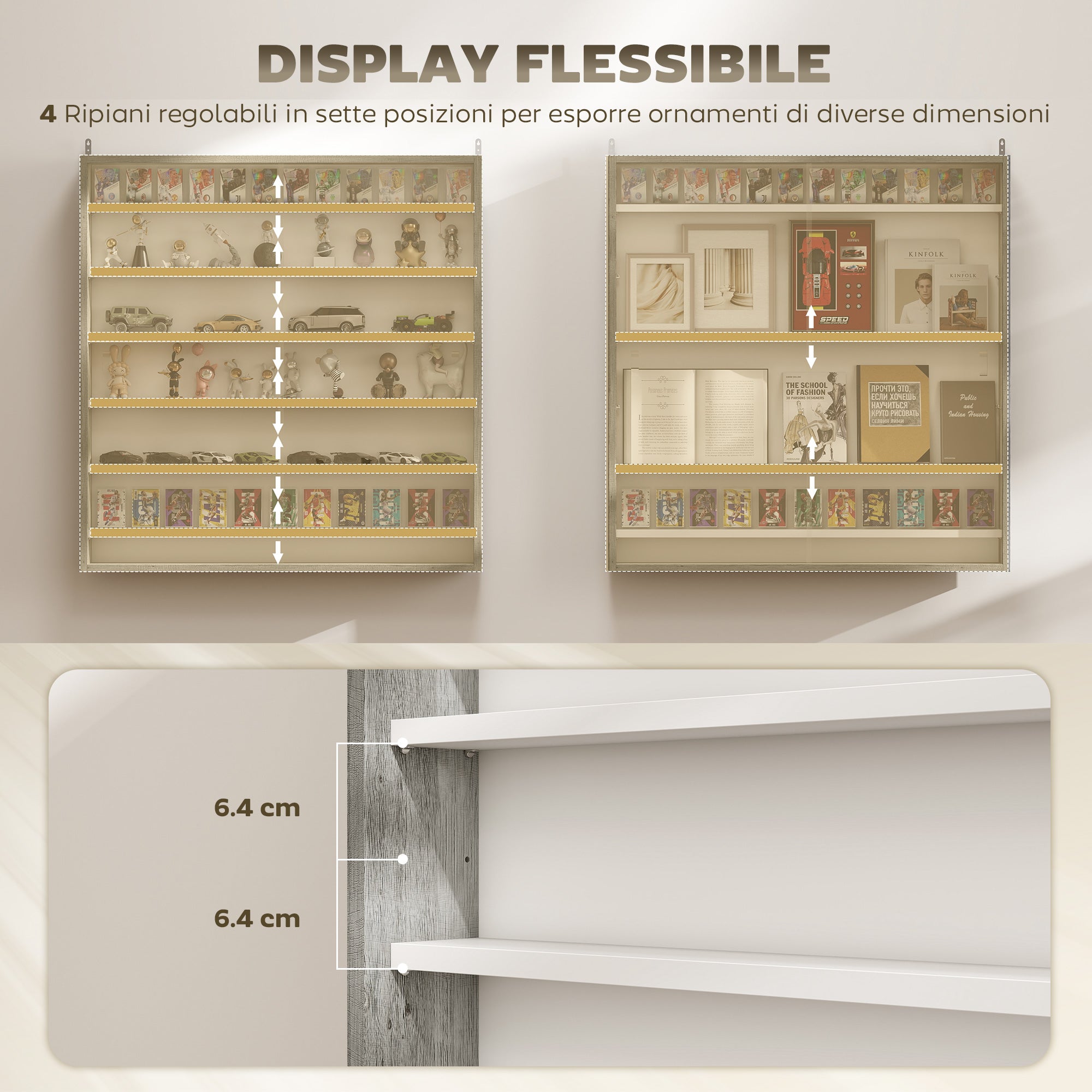 HOMCOM 5-Tier Adjustable Wooden Notice Board with Glass Doors, 80 x 9.5 x 83 cm, White and Grey