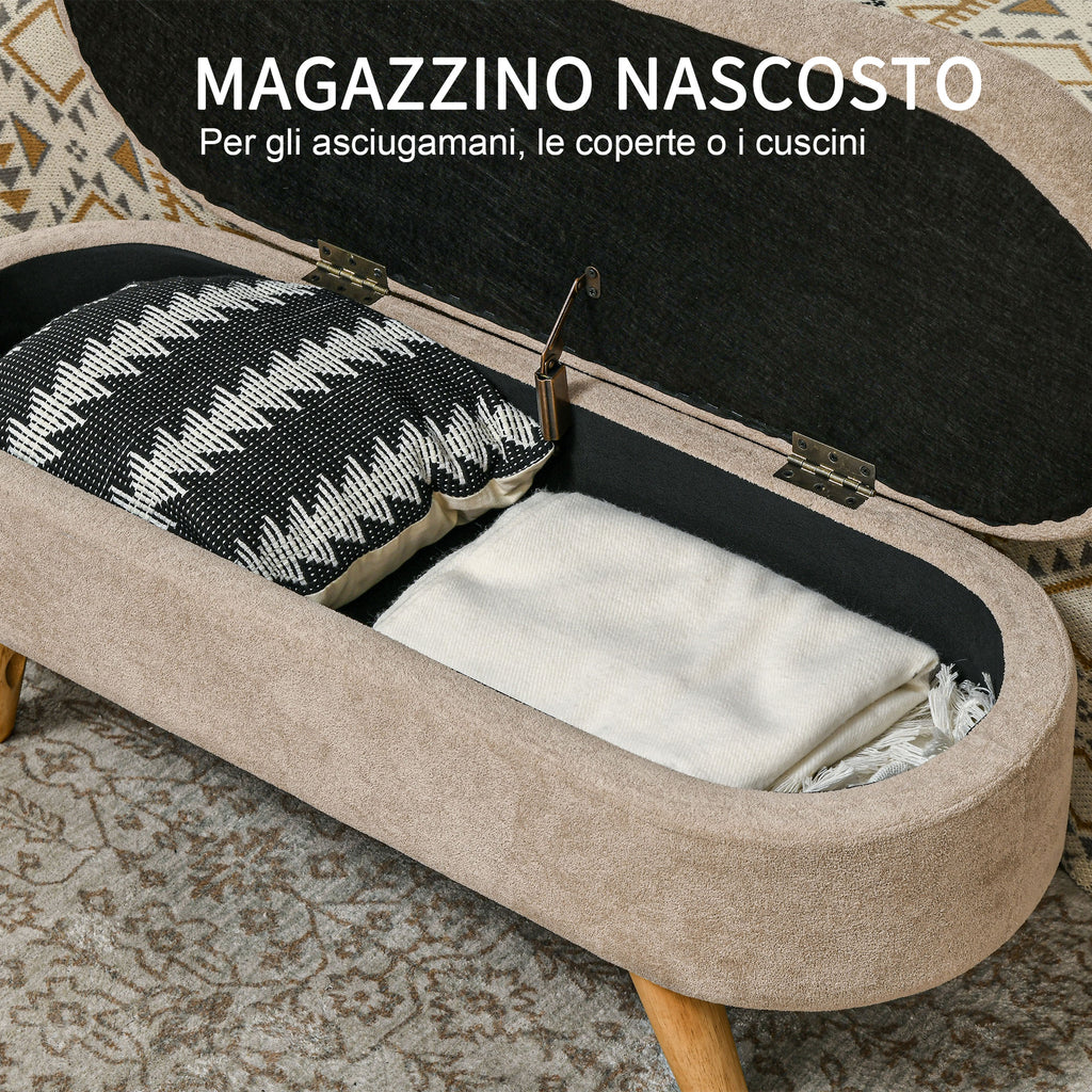 Padded Bed End Bench with Retractable Storage Space, in Wood and Polyester, 110x40x43 cm, Beige