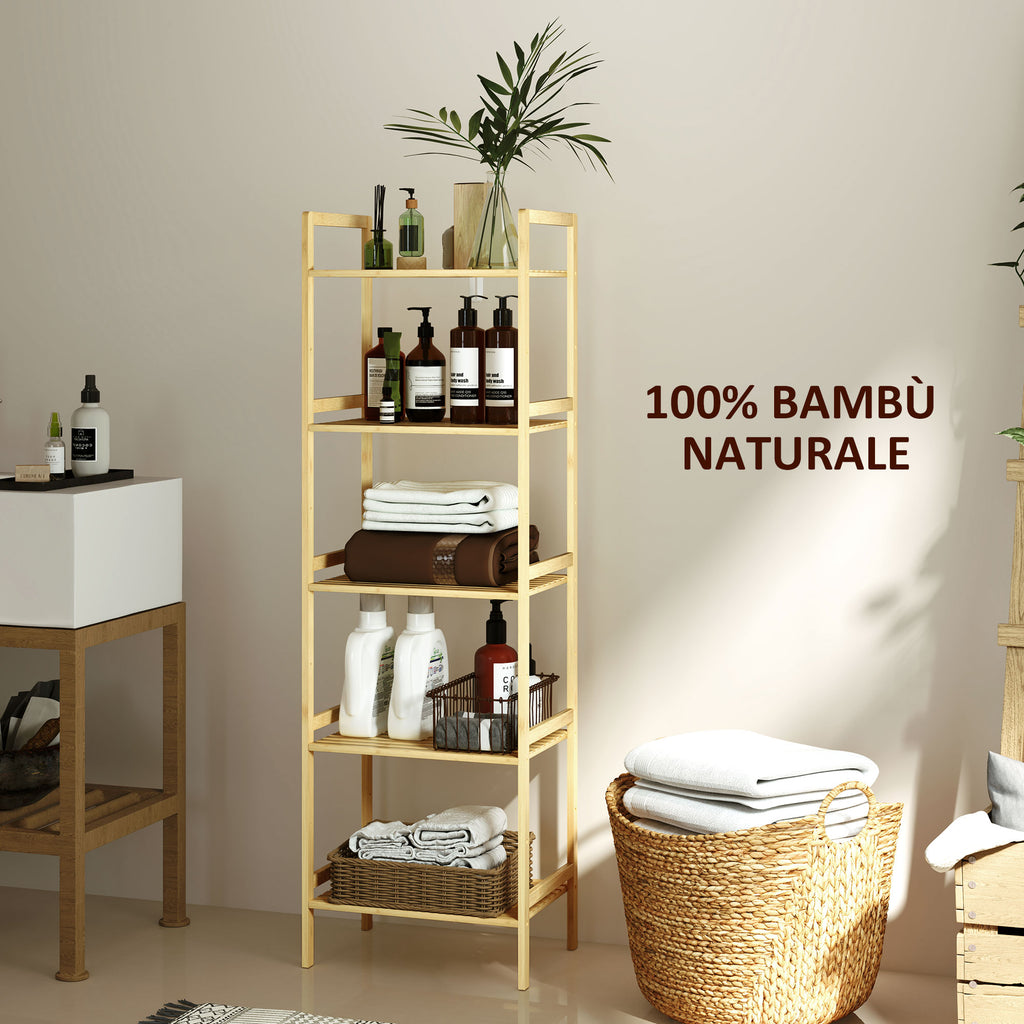 Bathroom Shelf with 5 Height-Adjustable Shelves in Bamboo, 43.5x31.5x142 cm, Natural Wood