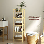 Bathroom Shelf with 5 Height-Adjustable Shelves in Bamboo, 43.5x31.5x142 cm, Natural Wood
