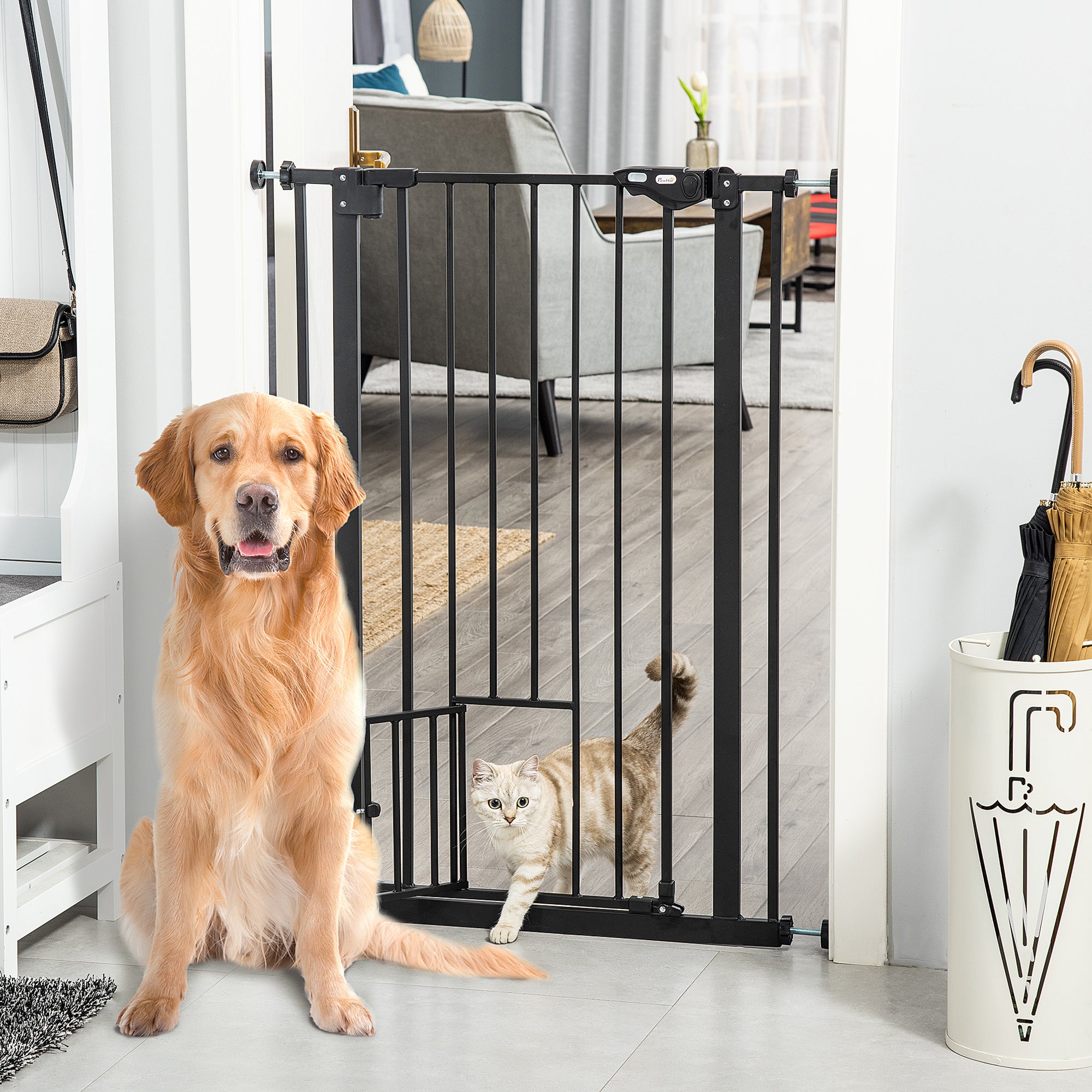 Adjustable Dog Gate with Small Door and Automatic Closure, 74-80x104cm, Black