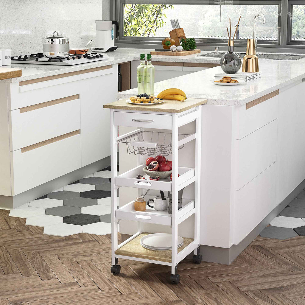 HOMCOM Space-Saving Kitchen Cart in Pine Wood and MDF, Storage Trolley with Drawer, Basket, 2 Trays and 4 Universal Wheels, 37x37x82cm, White