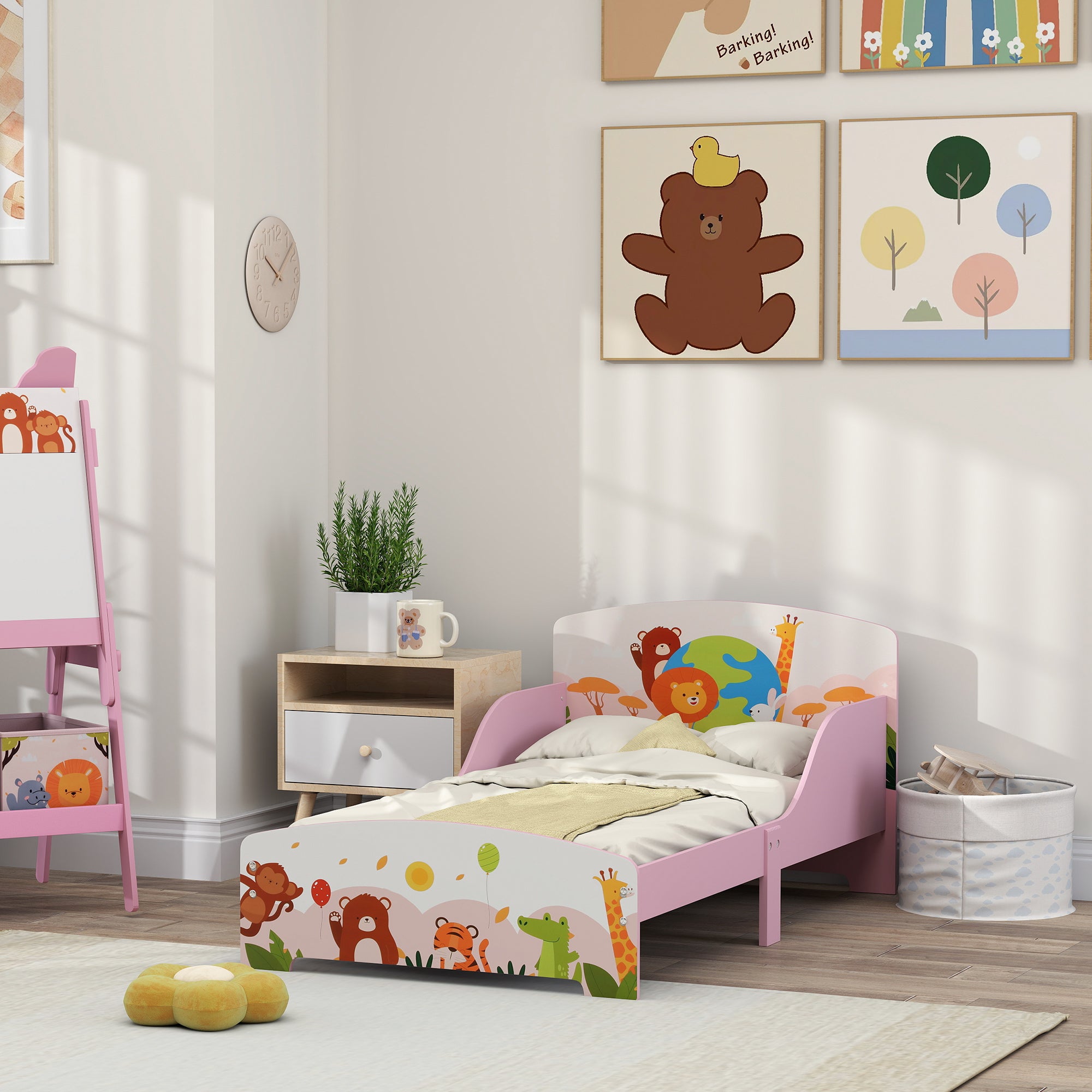 Wooden Cot for Children 3+ Years with Raised Edges and Safety Rails, 143x77x60 cm, Pink