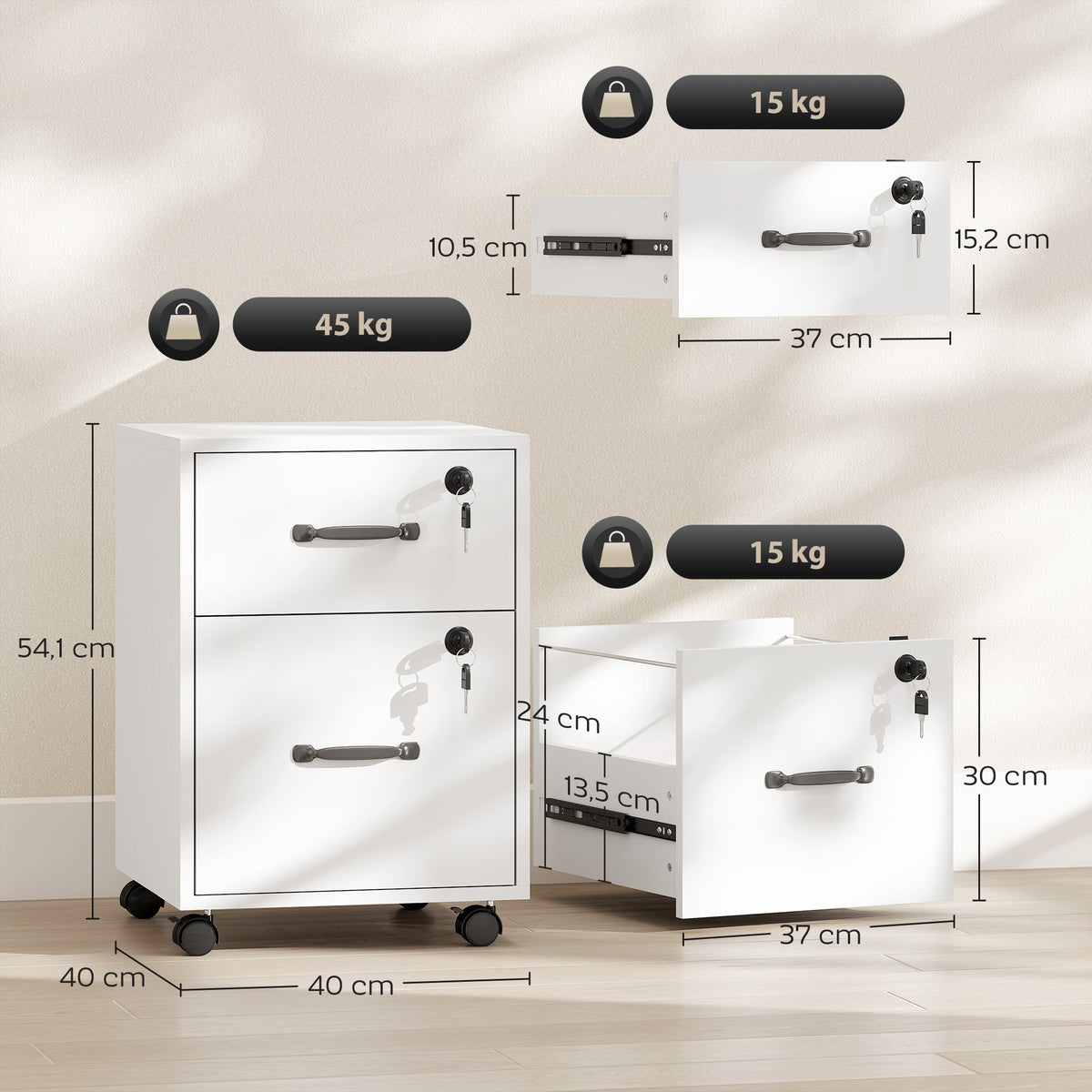 HOMCOM Office Filing Cabinet with 2 Drawers, Lockable Castors, Desk Drawer Unit for Letter/A4 Size, 40x40x54.1 cm, White