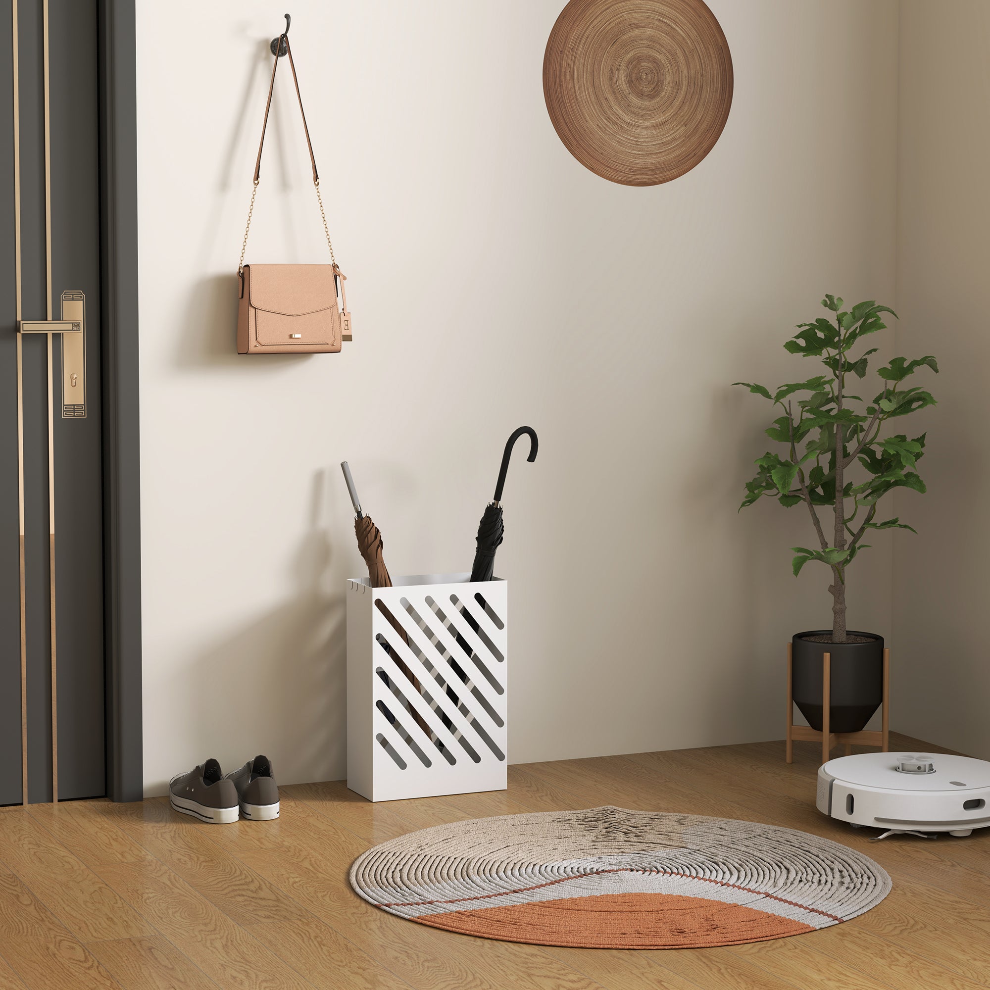 Design Umbrella Stand with Drip Tray and 4 Metal Hooks, 28x14x41 cm, White