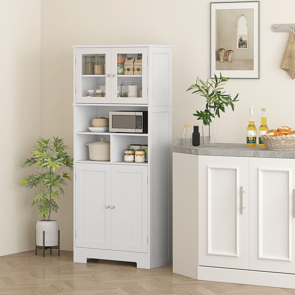 Kitchen Sideboard with 2 Cabinets and 3 Open Compartments, Glass Doors and Adjustable Shelves, 60x30x145.5 cm, White