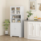 Kitchen Sideboard with 2 Cabinets and 3 Open Compartments, Glass Doors and Adjustable Shelves, 60x30x145.5 cm, White