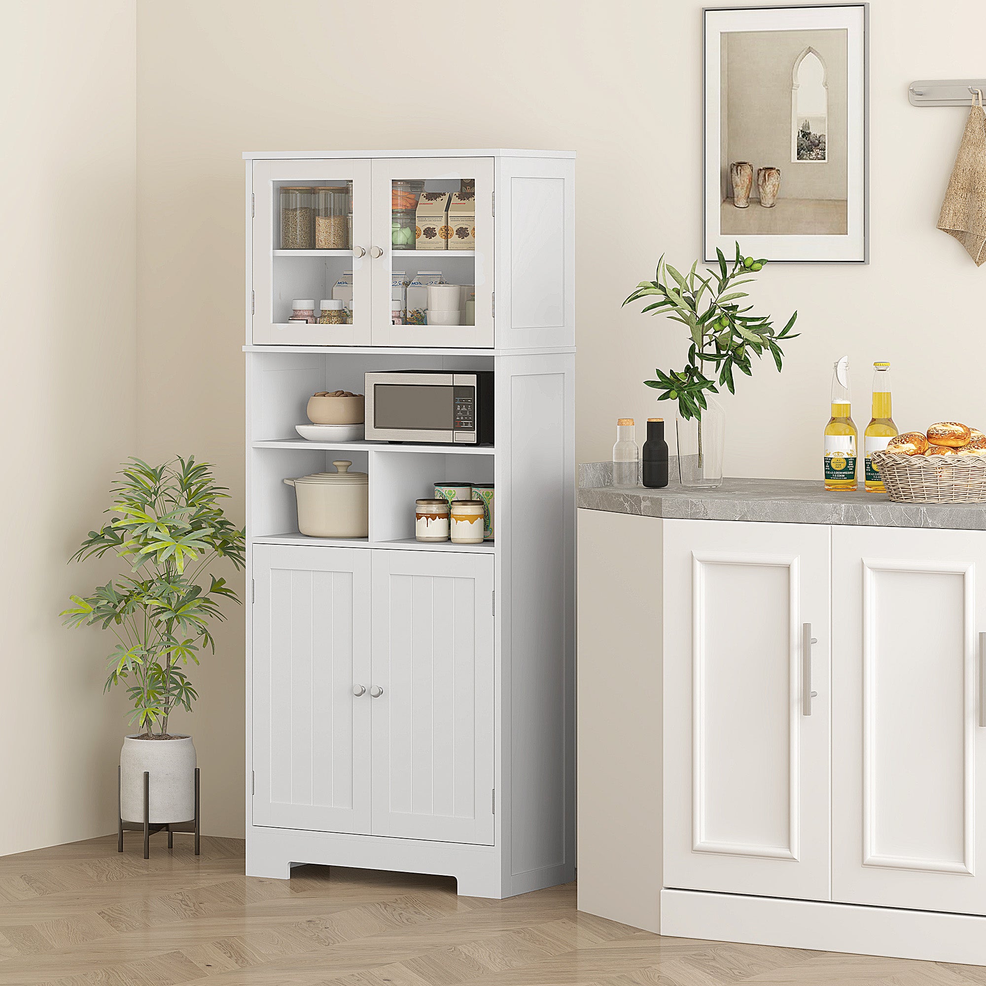 Kitchen Sideboard with 2 Cabinets and 3 Open Compartments, Glass Doors and Adjustable Shelves, 60x30x145.5 cm, White