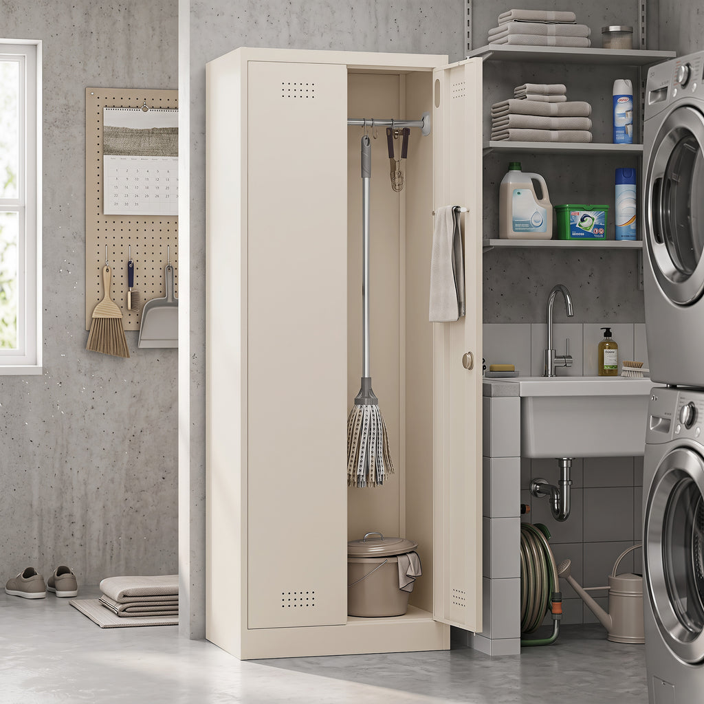 HOMCOM Steel Tool Cabinet with Lock, Adjustable Doors and Shelves, 80 kg Capacity, Cream