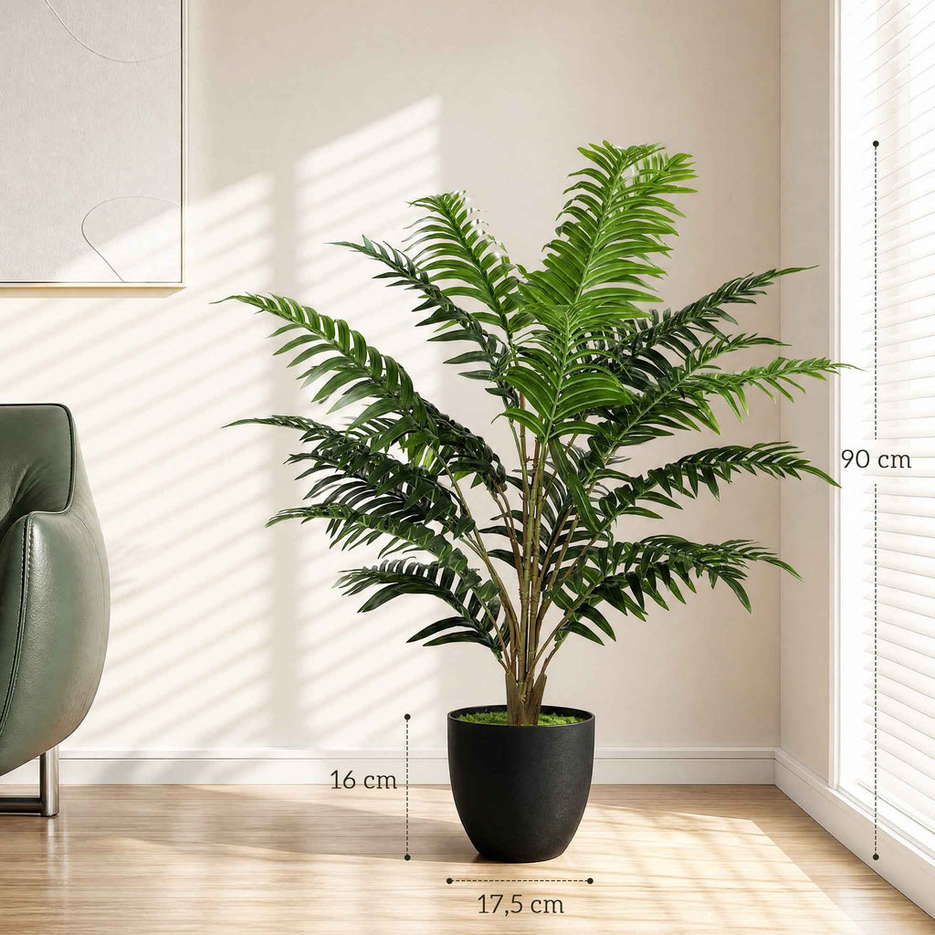 HOMCOM Artificial Fern Plant with 20 PEVA Leaves, Bendable Branches, Black PP and Cement Pot, Green