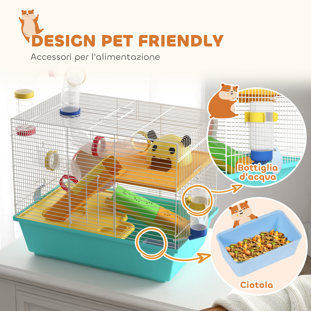 PawHut Hamster Cage with Wheel, House, Bowl, Ramps and Tank, in Steel, PS and PP, 45x28x37 cm, White and Blue