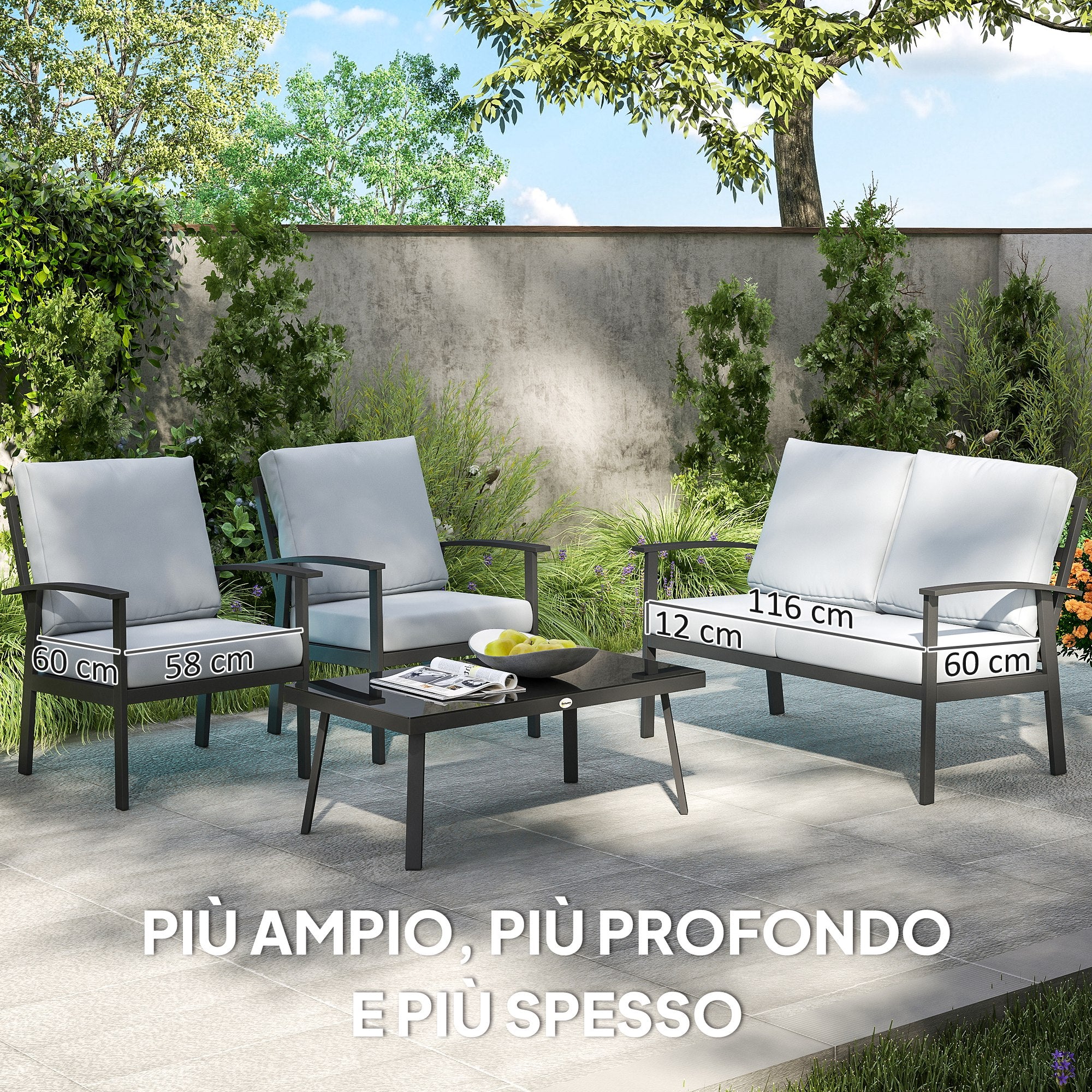 DULA | 4 Piece Garden Set with 2 Armchairs, 2 Seater Sofa and Coffee Table, in Aluminum and Fiber, Charcoal Gray