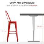 Set of 2 Industrial Bar Stools with Removable Backrest and Footrest, in Metal, 44x49x116 cm, Red