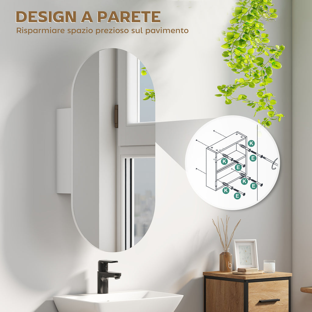 Modern Oval Bathroom Mirror with Cabinet and Two Shelves, 45x90 cm, White